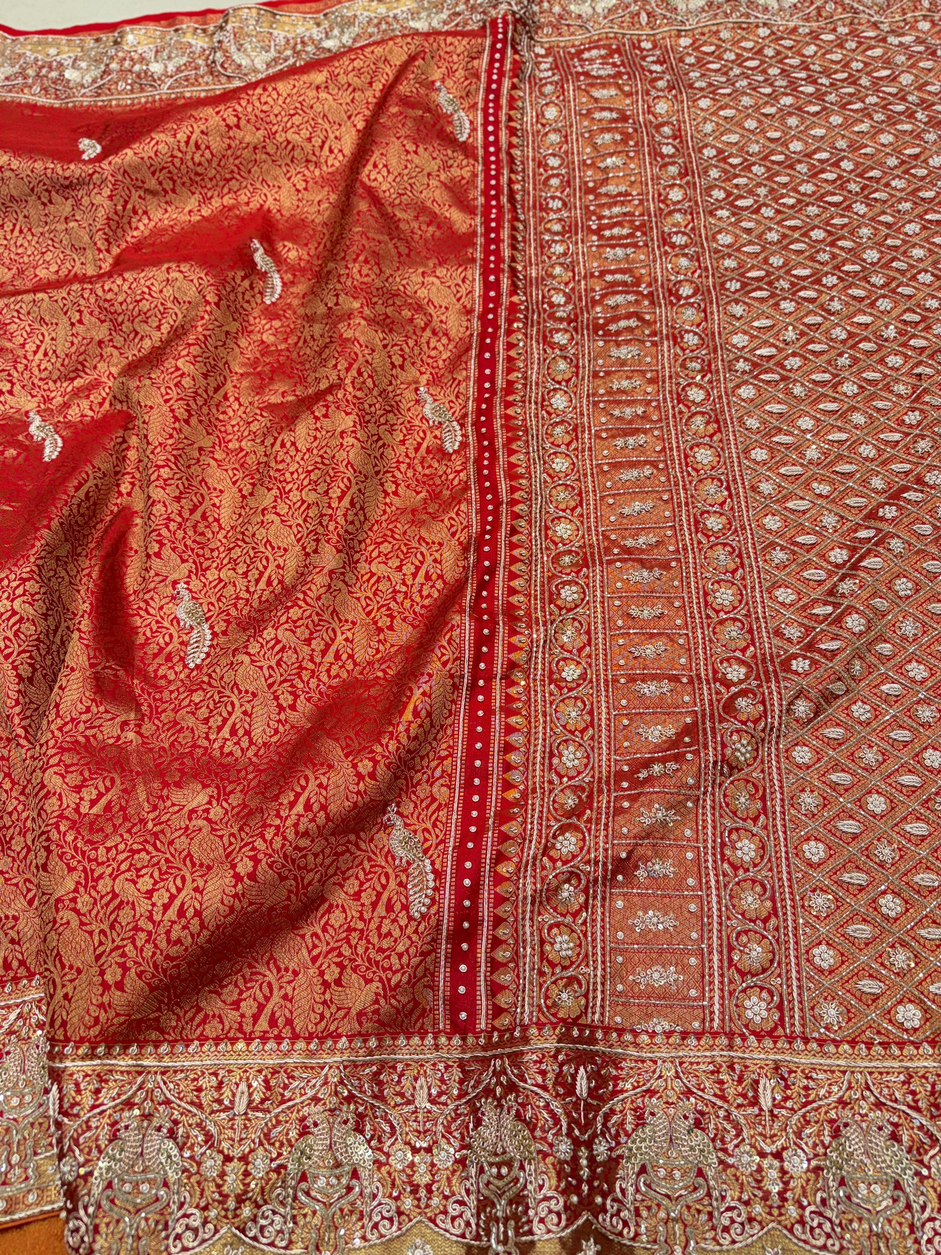 Red Kanjivaram Peacock Motif Hand Embroidery Zardosi Saree