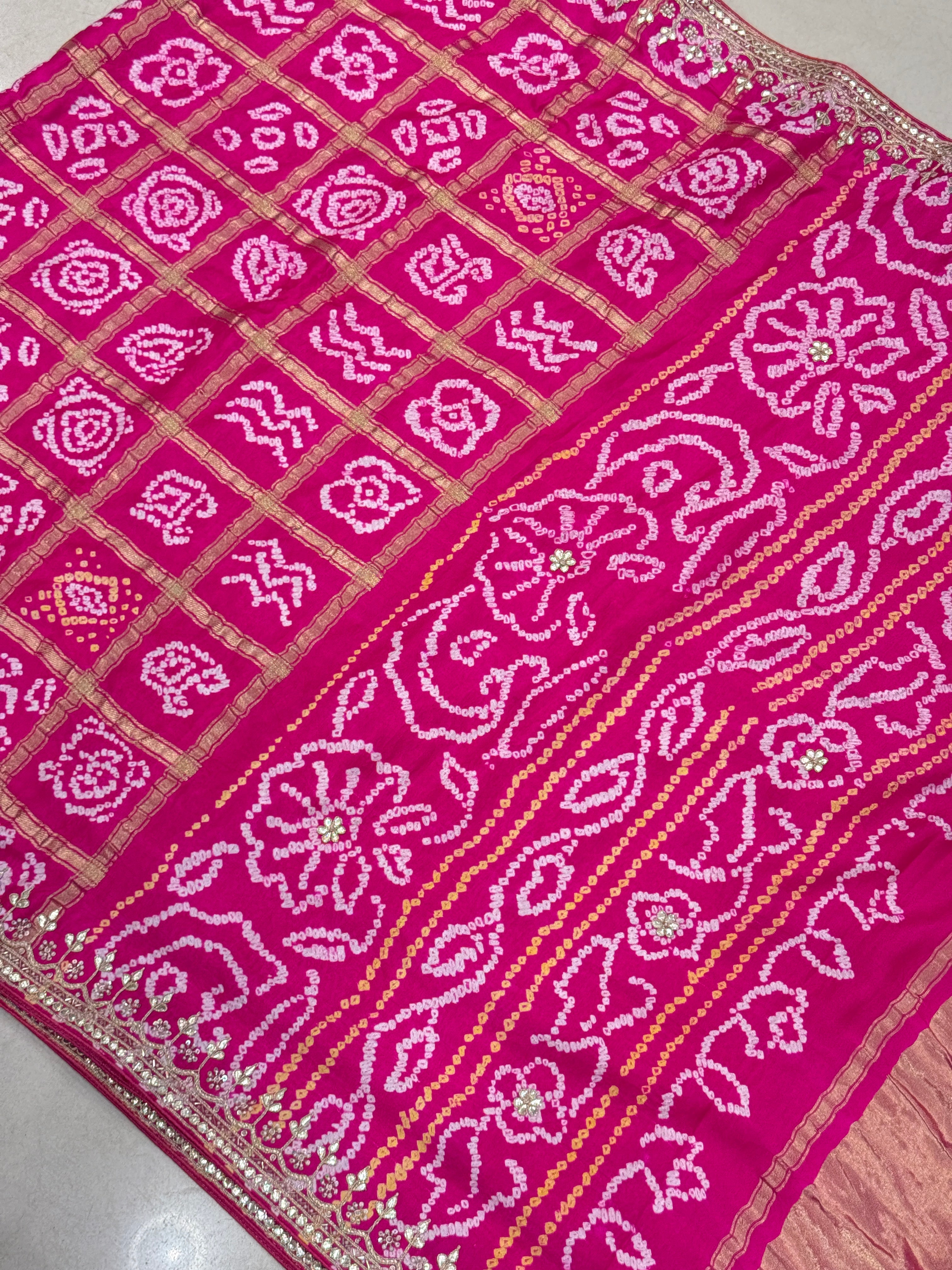 Rani Pink Bandhej Gharchola Gajji Silk Hand Done Gotapatti Saree