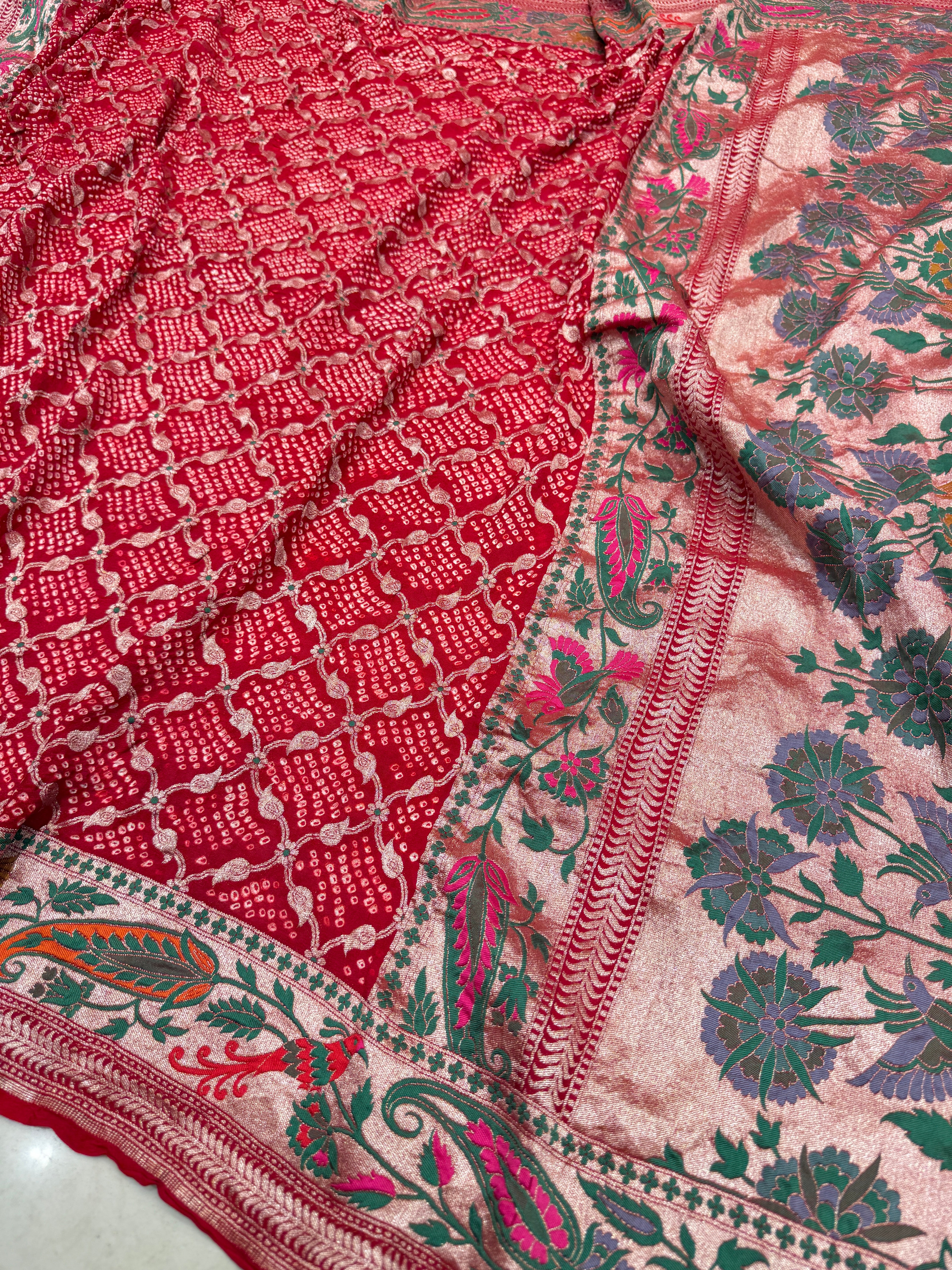 Red Handloom Floral Meenakari Rai Bandhej Pure Zari Dupatta