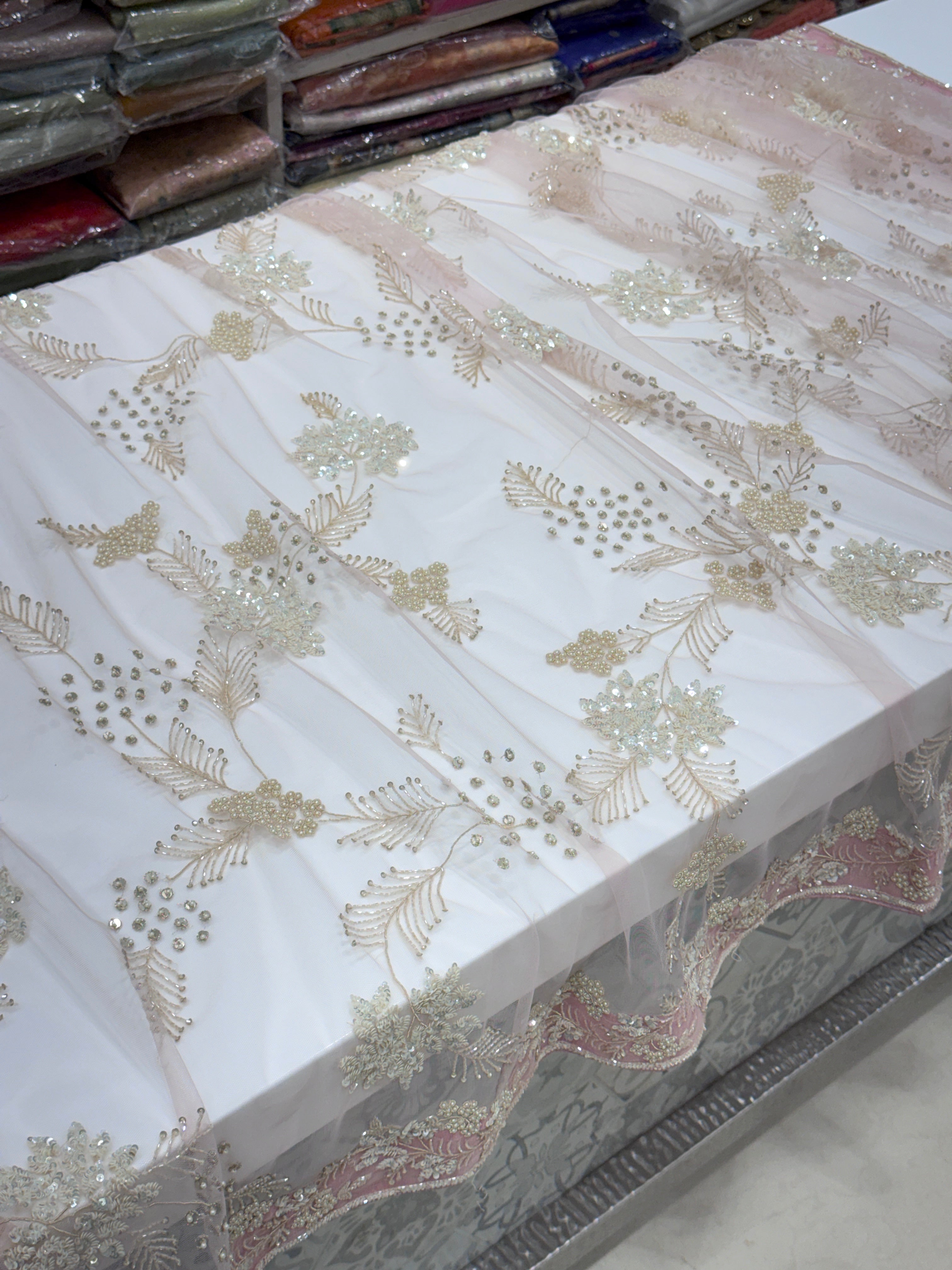 Pink Soft Net Floral Jaal Hand Embroidery Saree