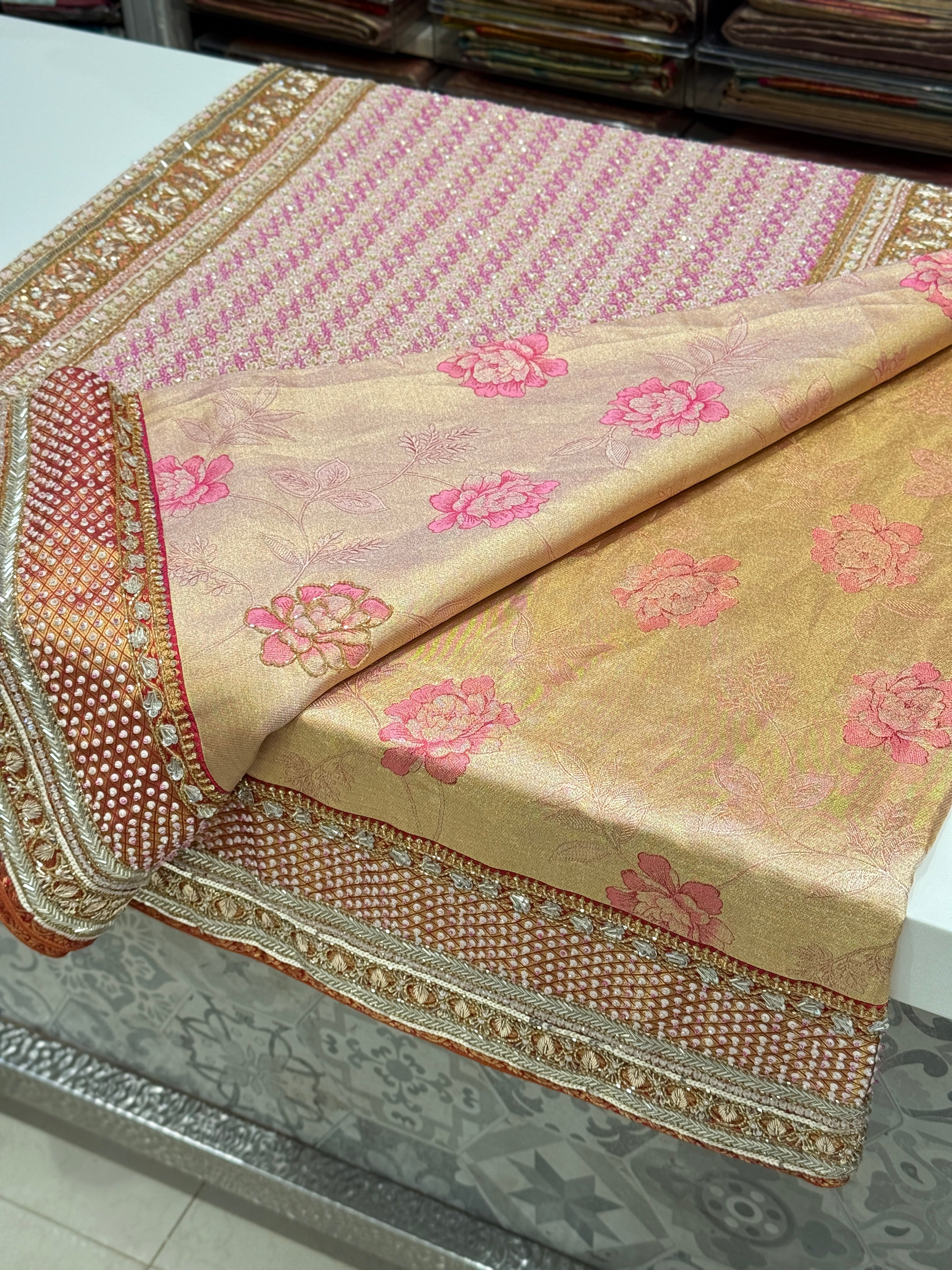Rani Pink Rose Edit Tissue Kanjivaram Hand Embroidery Saree