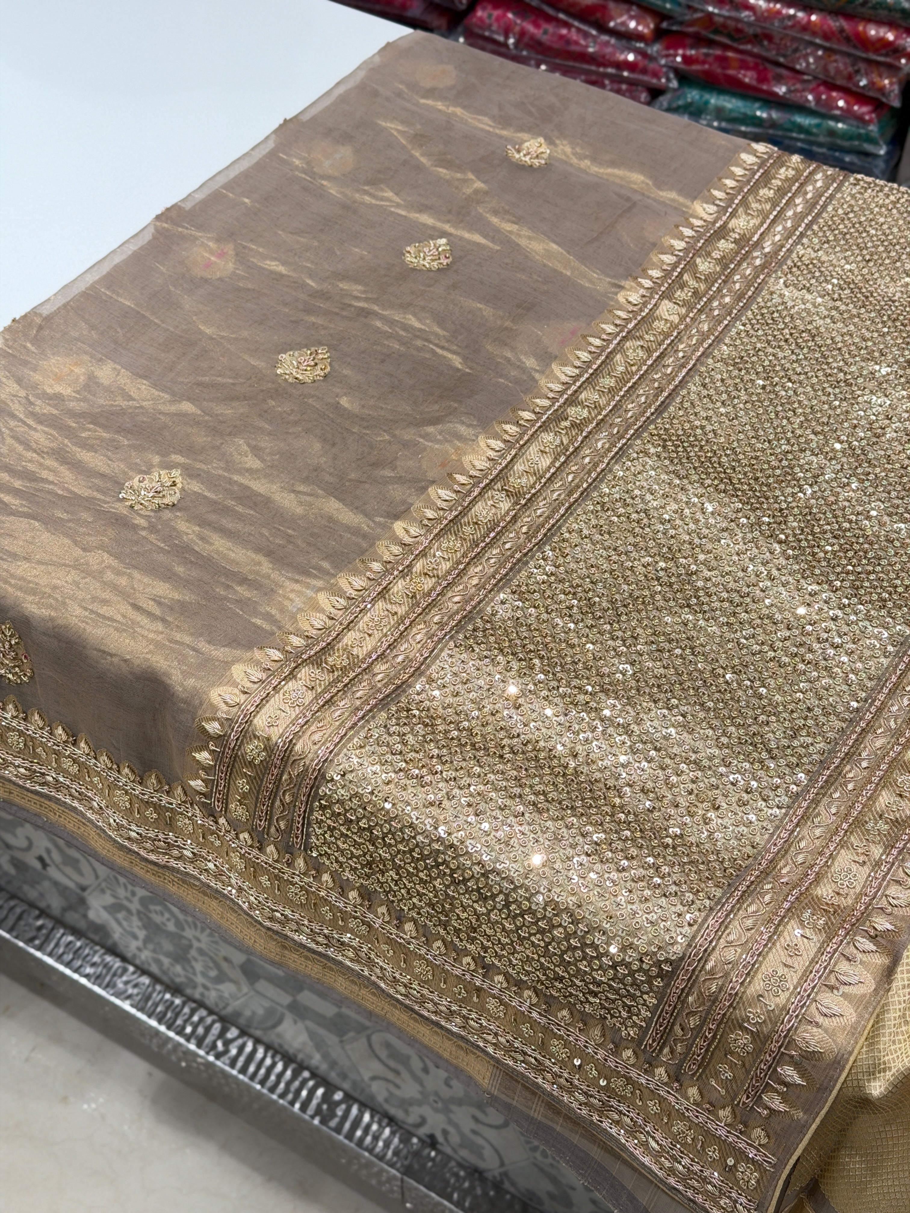 Champagne Meenakari Banarasi Tissue Handloom Kadwa Weave Zardosi Embroidery Saree