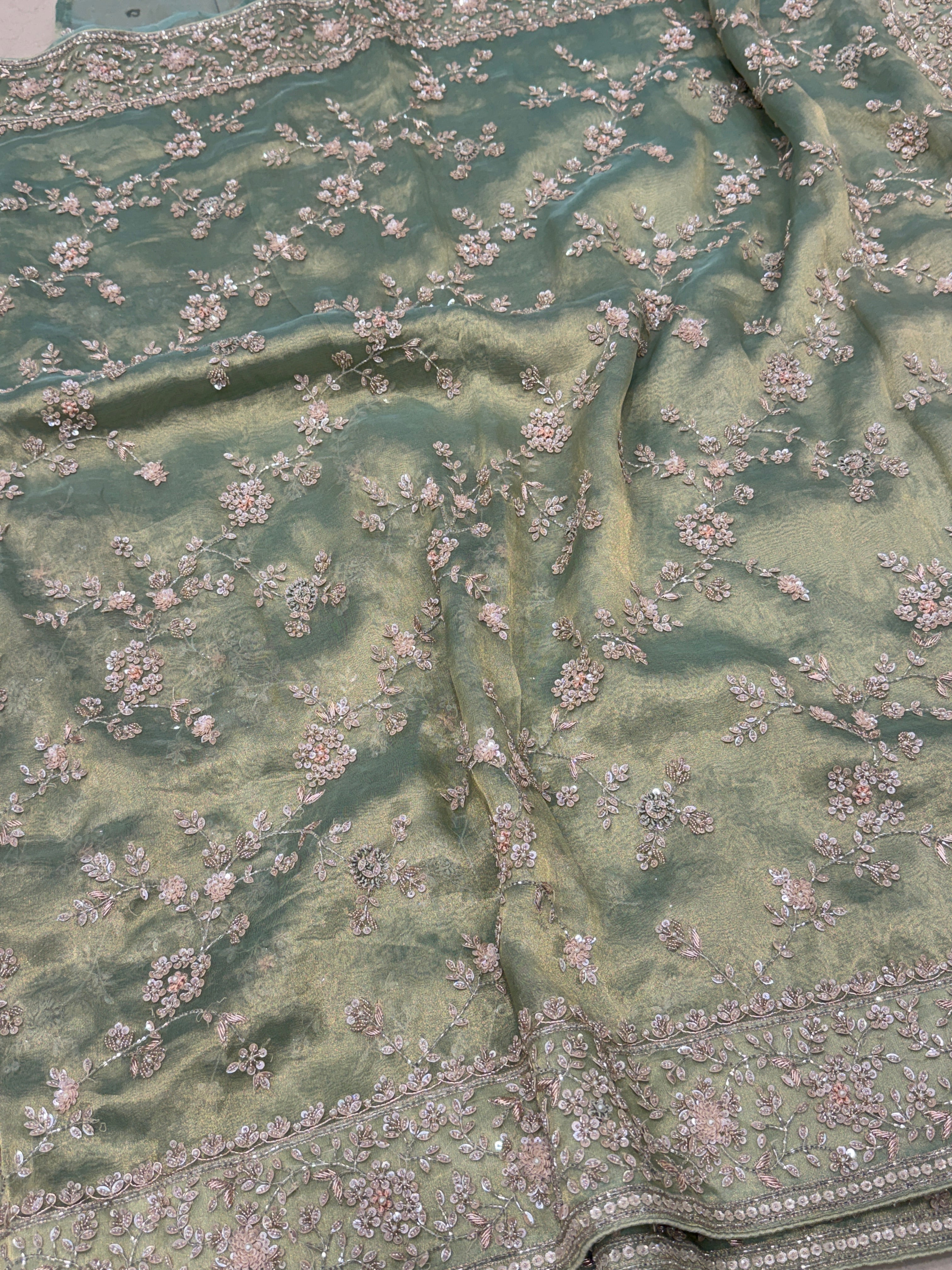 Green Tissue Silk Moti Sequin Zardosi Hand Embroidery Jaal Saree