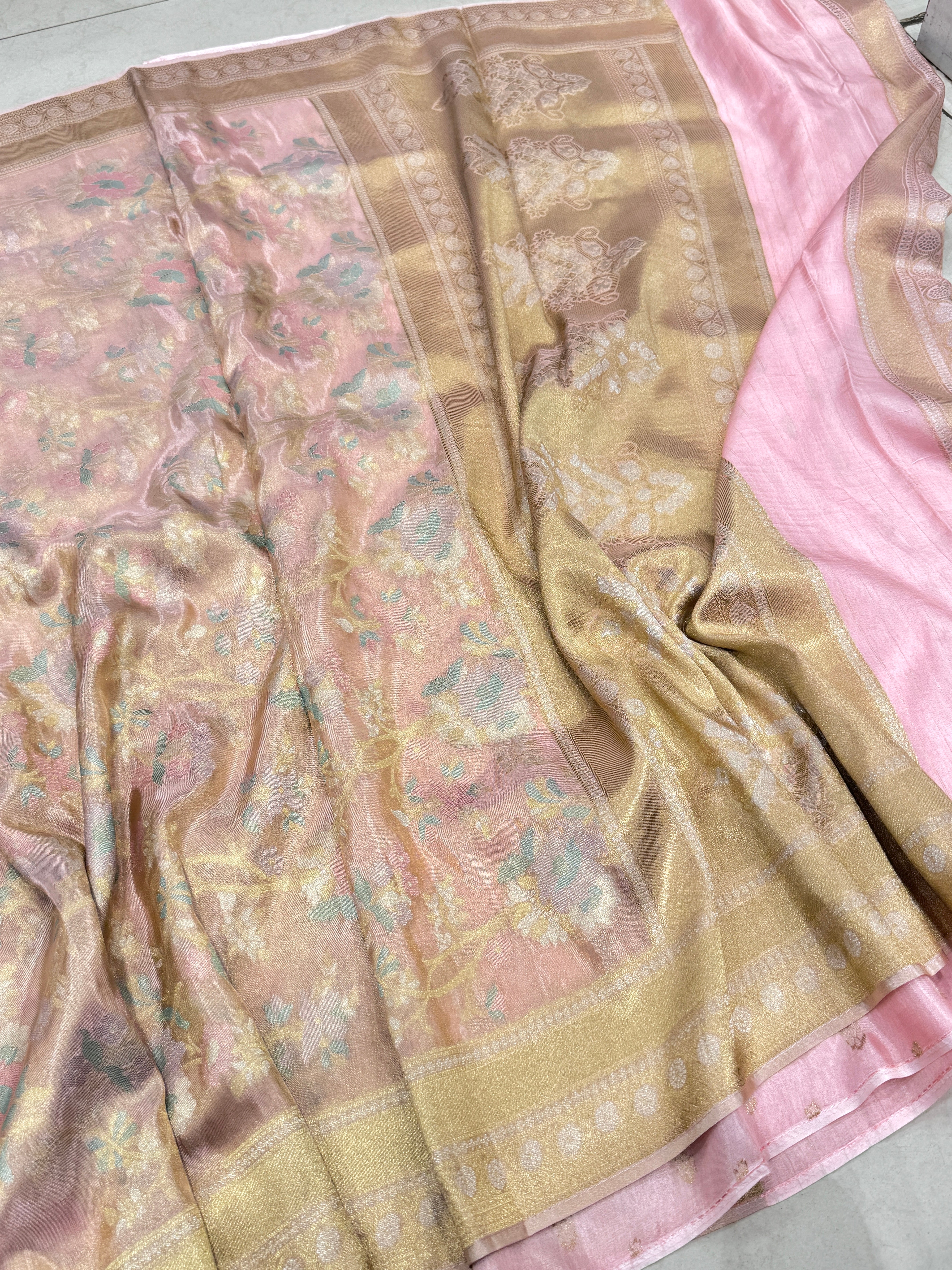 Light Pink Meenakari Munga Tissue Banarasi Saree