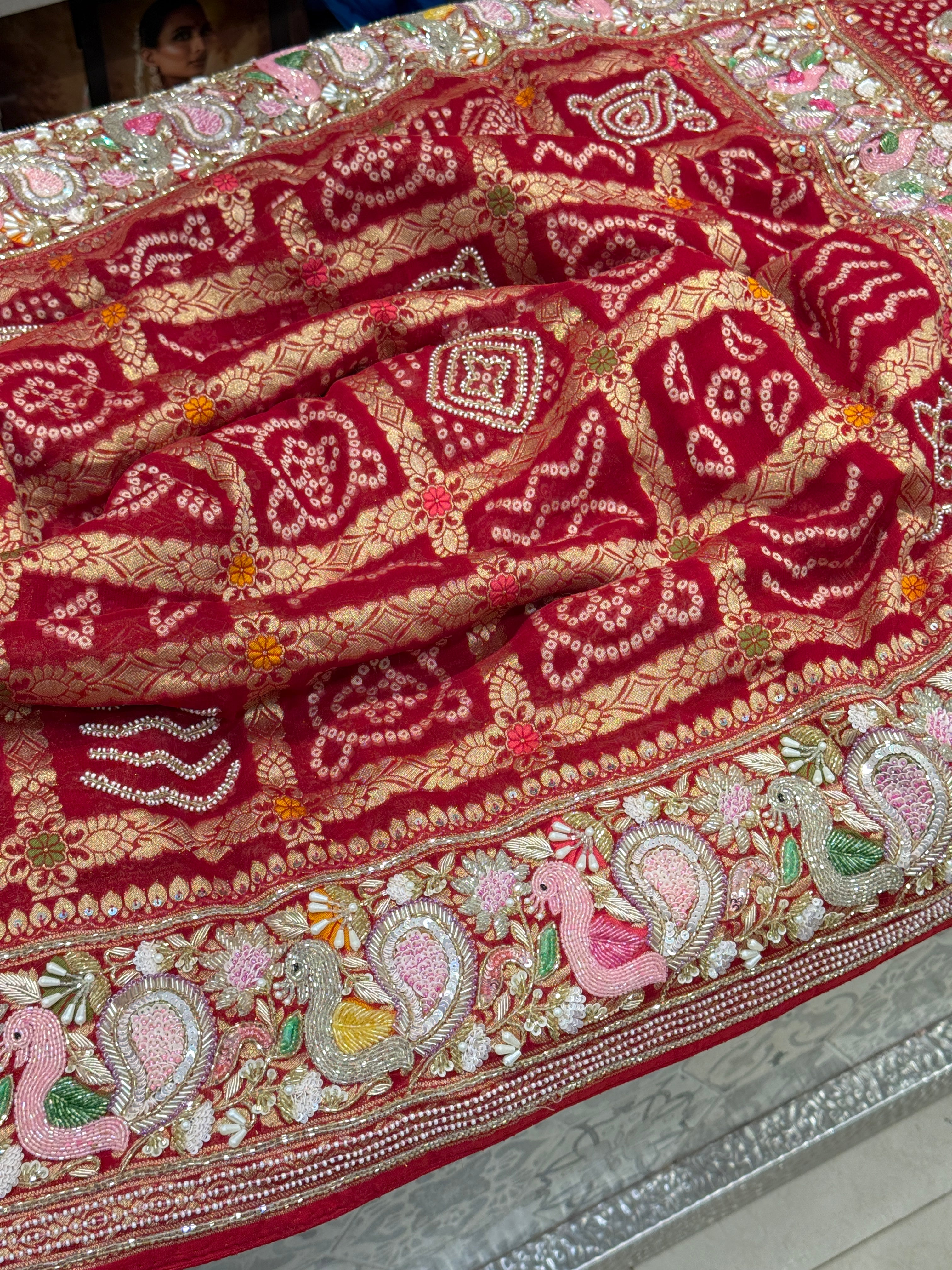 Red Gharchola Moti Sequin Zardosi Hand Embroidery Georgette Saree
