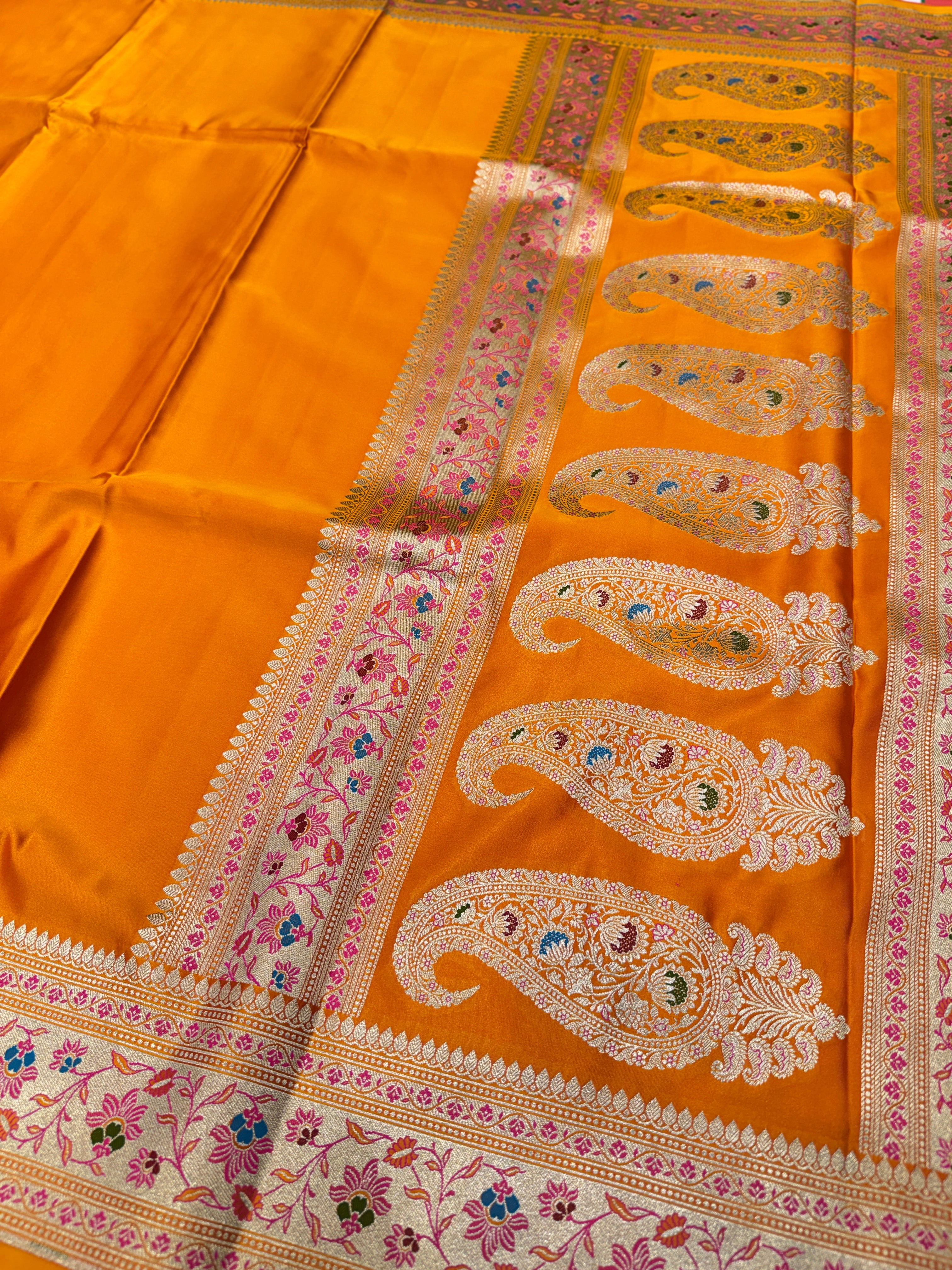 Mango Yellow Banarasi Plain Body Meena Pallu Border Saree