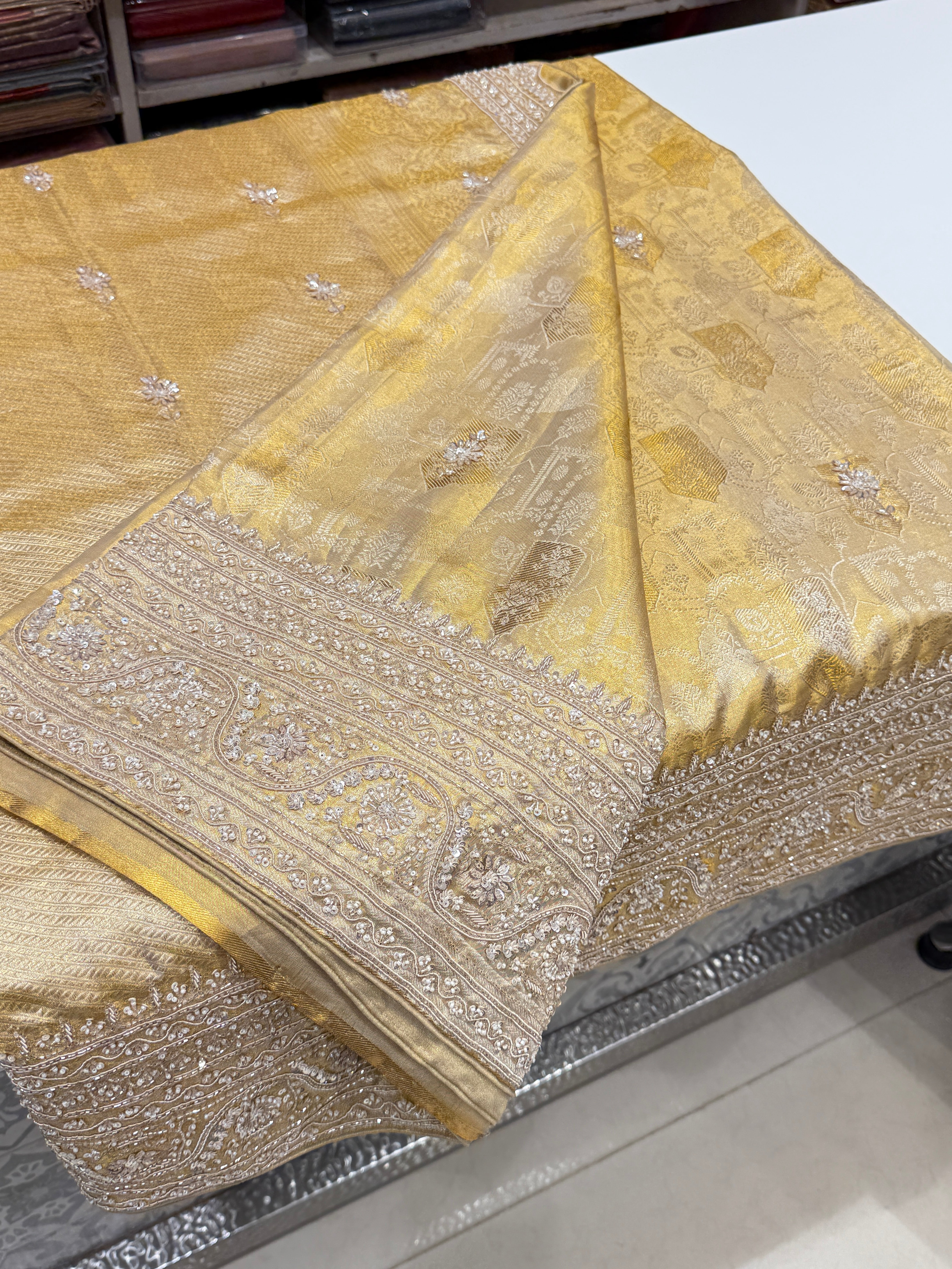 Gold Tissue Zardosi Moti Kanjivaram Hand Embroidery Saree