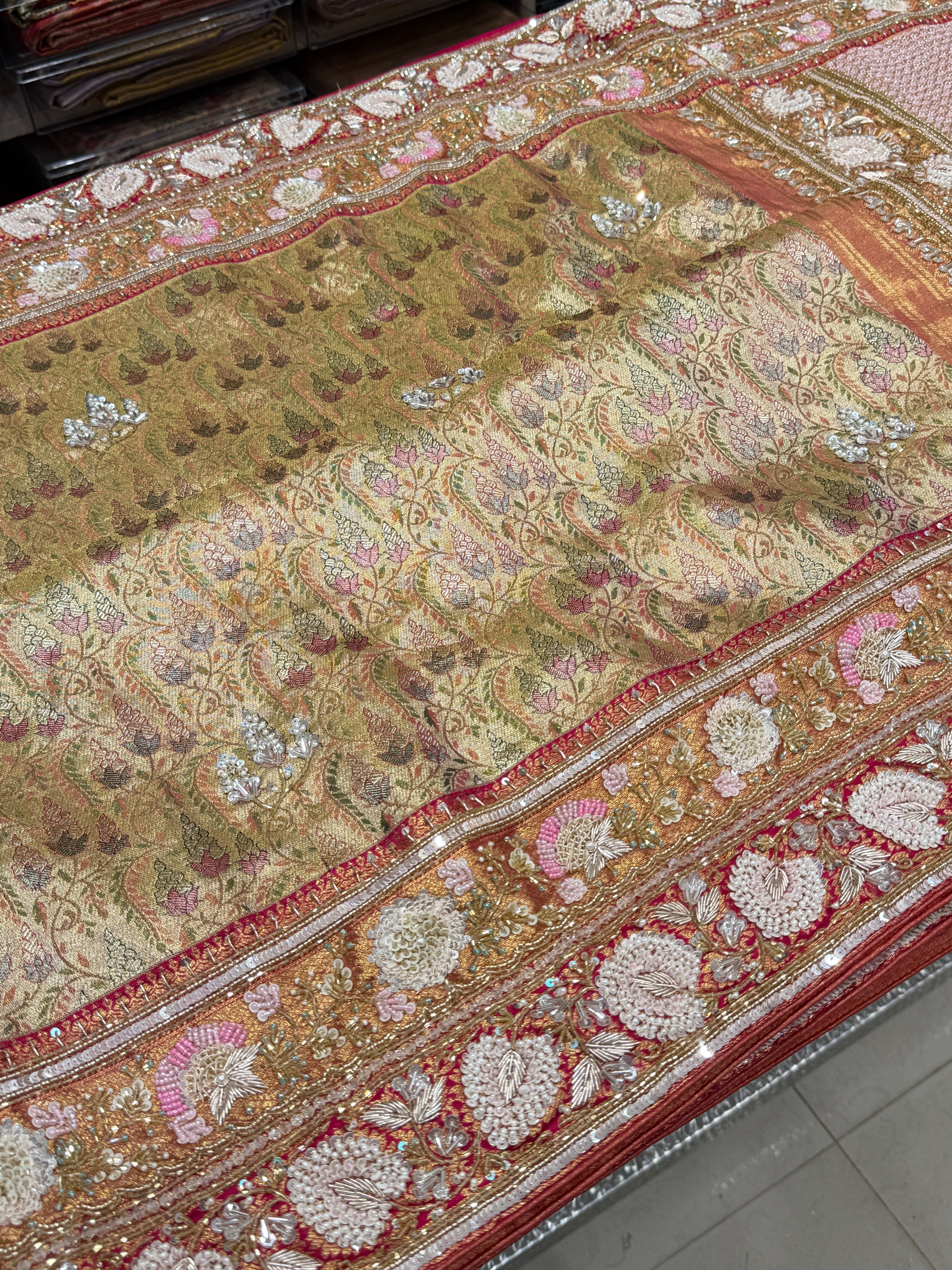 Meenakari Tissue Kanjivaram Hand Embroidery Saree