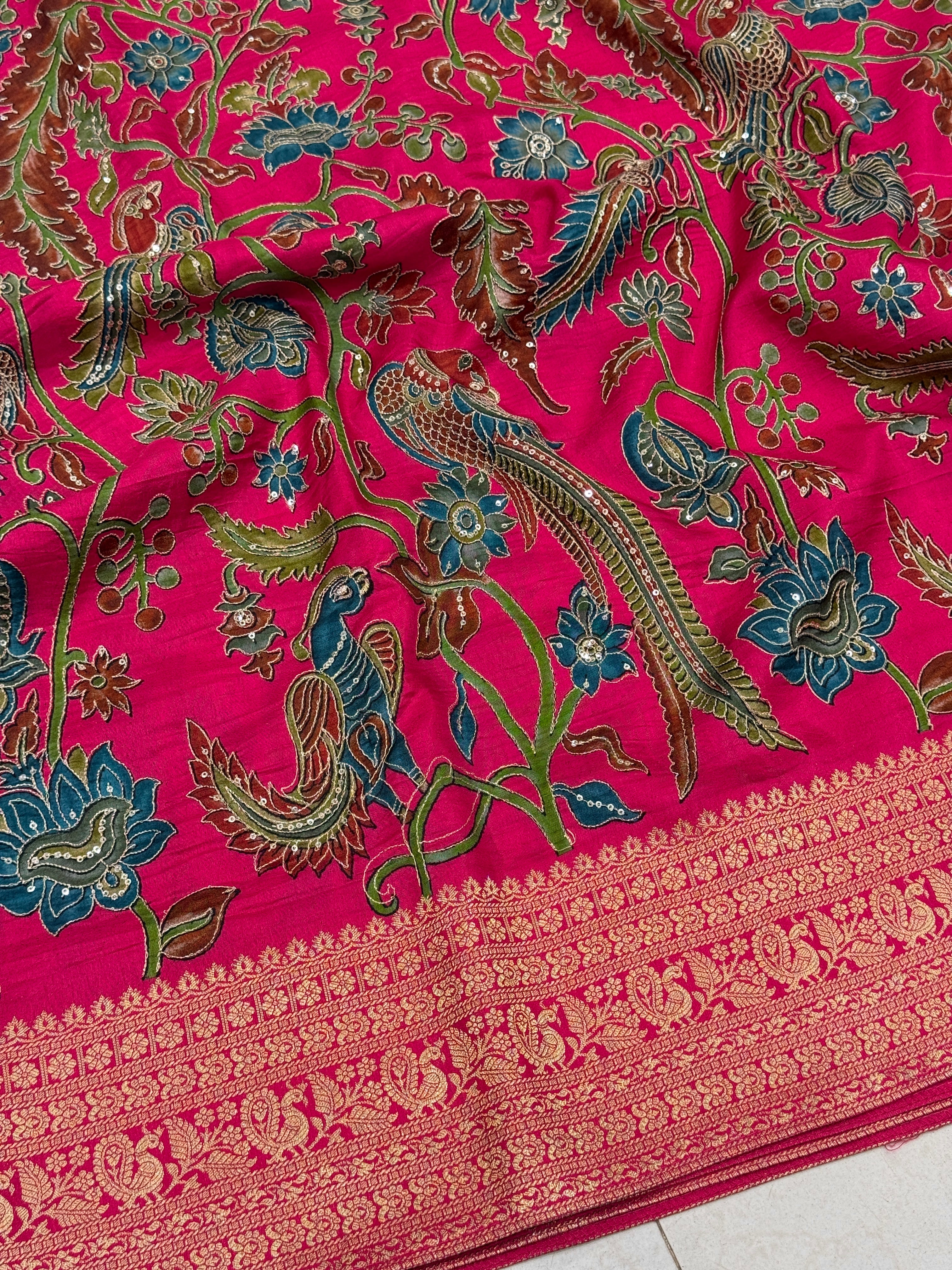 Rani Kalamkari Weave Banarasi Munga Pita Embroidery Saree
