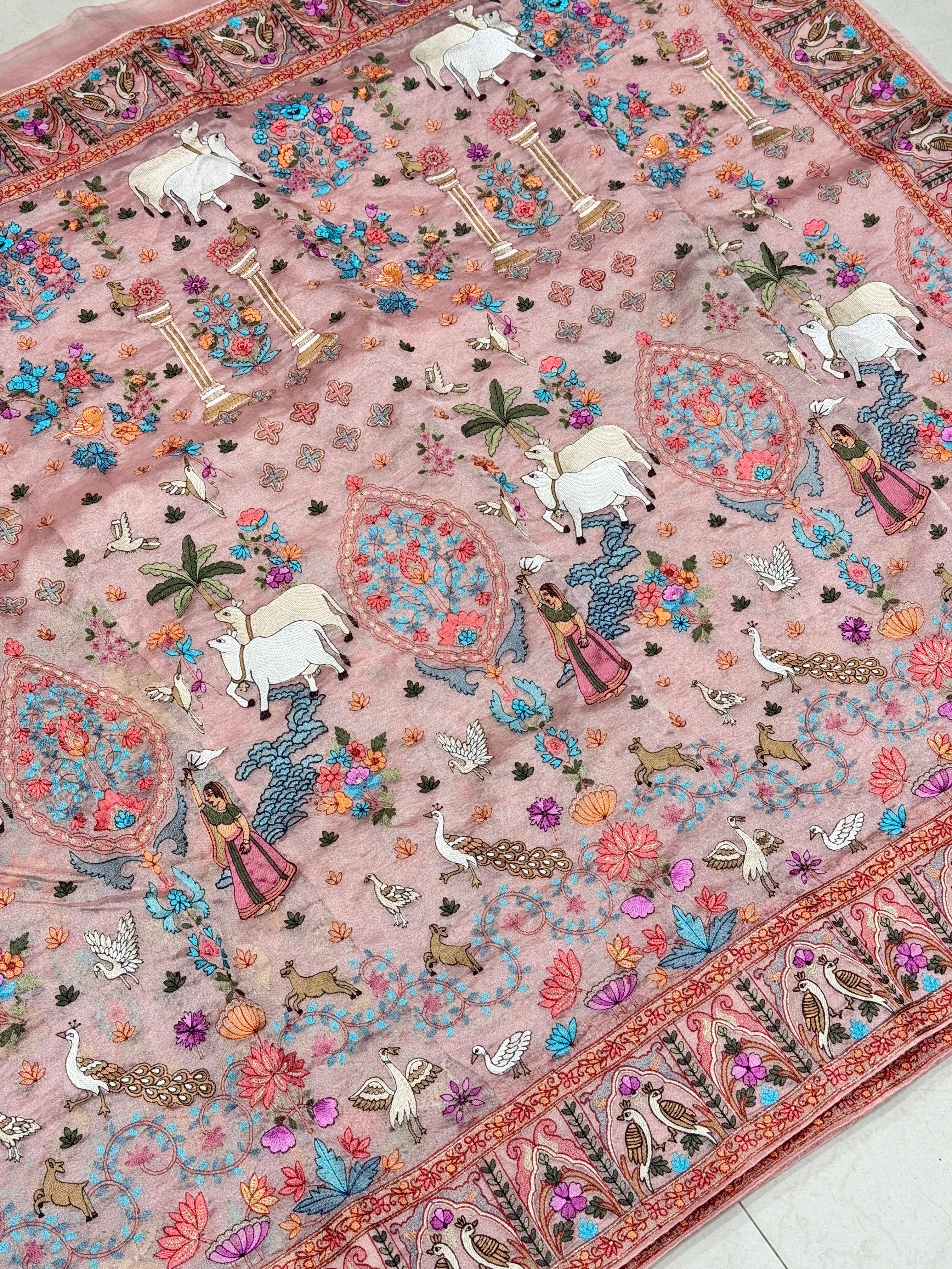 Pink Jamdani Style Embroidery Tissue Silk Saree