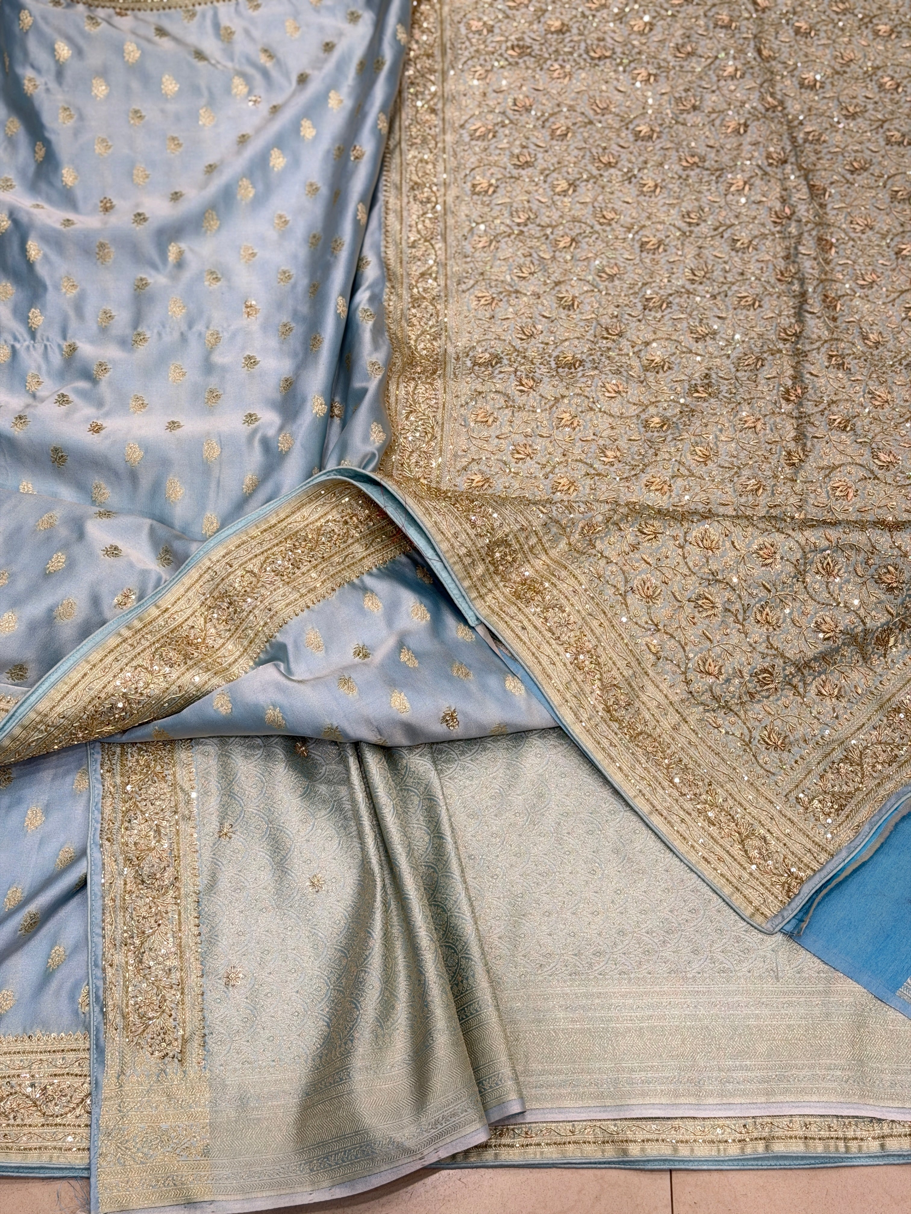 Light Blue Banarasi Buttis Zardosi Chain Hand Embroidery Saree