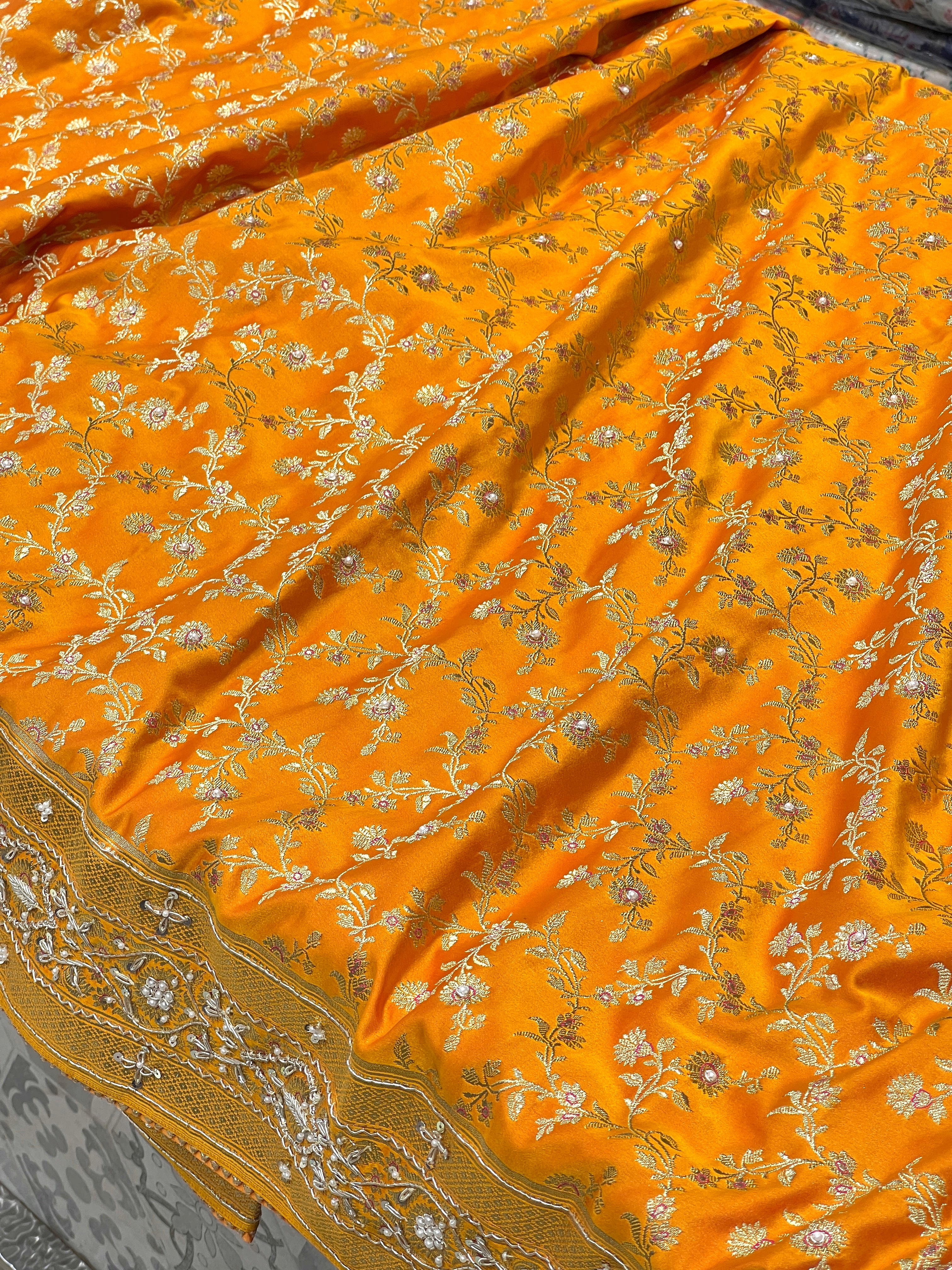 Mango Yellow Banarasi Flower Border Hand Embroidery Saree