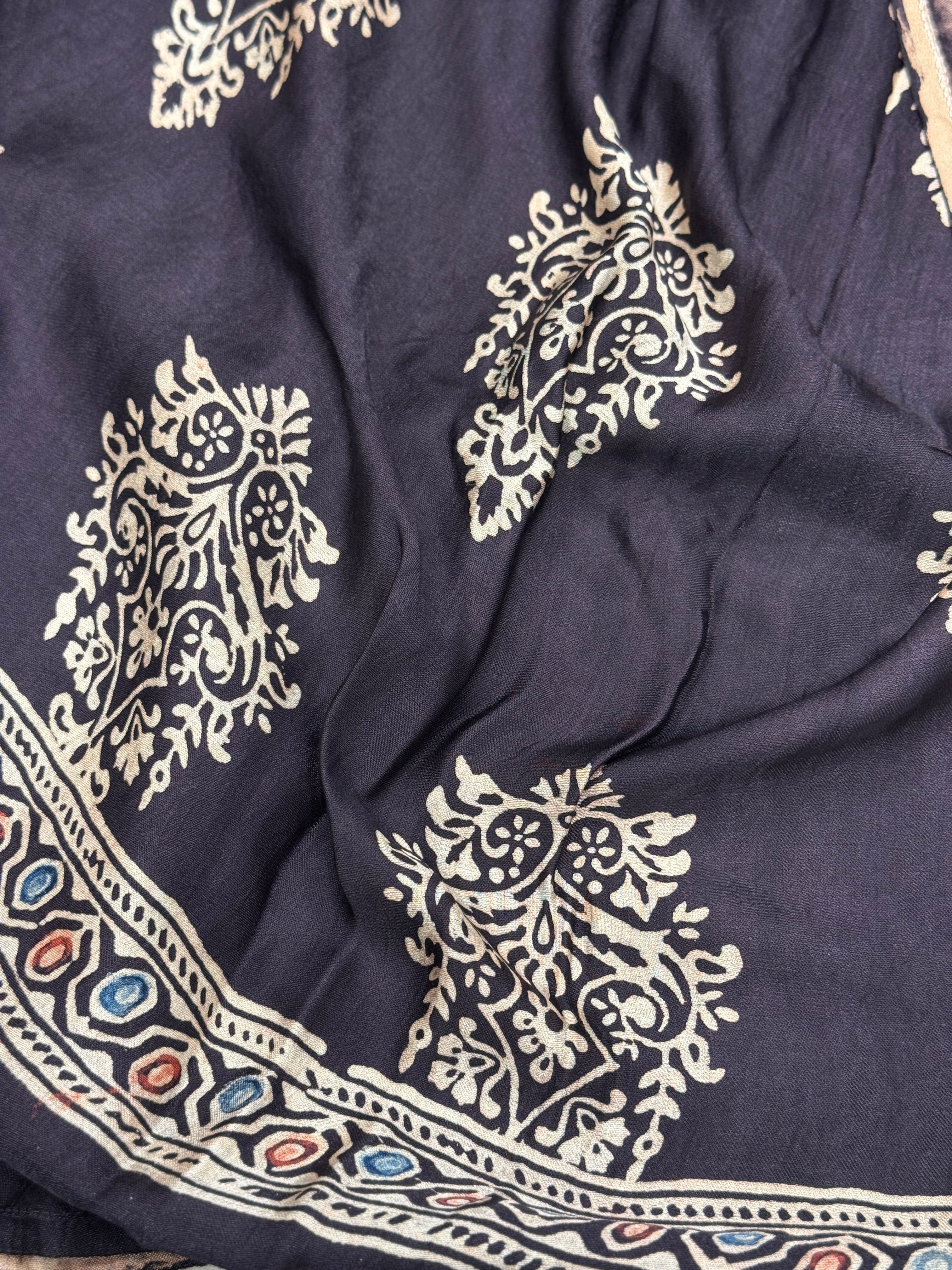 Crown Jaal Ajrakh Modal Gajji Silk Saree