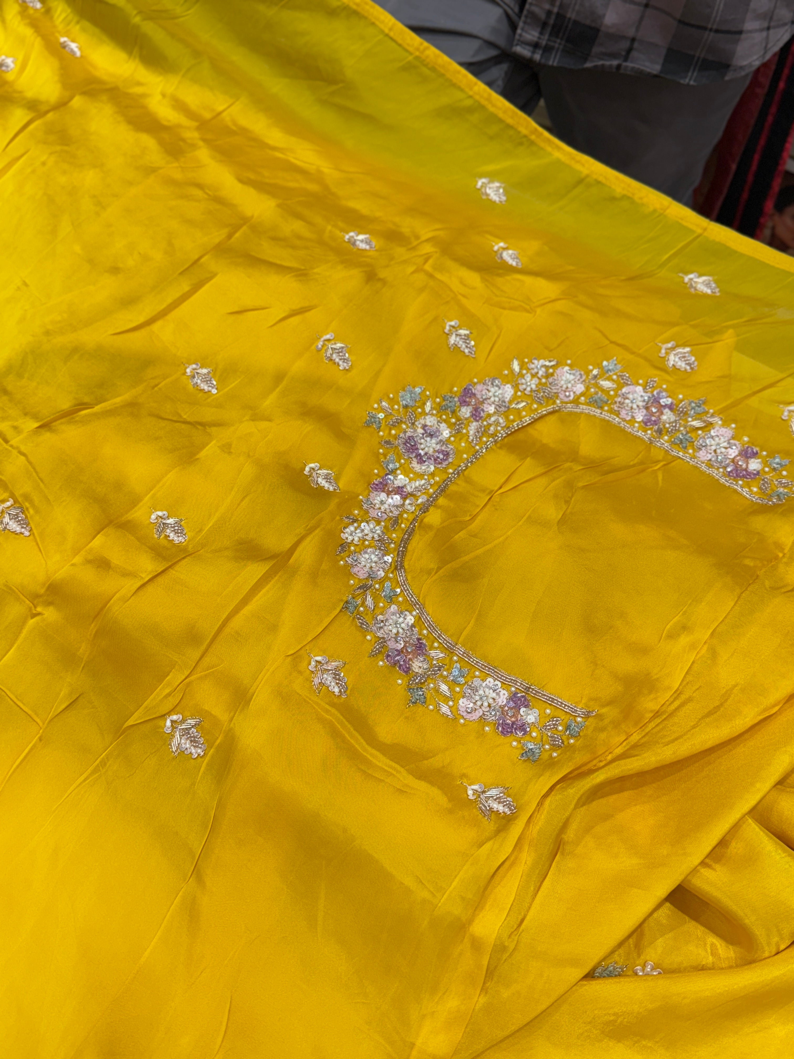 Yellow Soft Silk Zardosi Fancy Hand Embroidery Saree