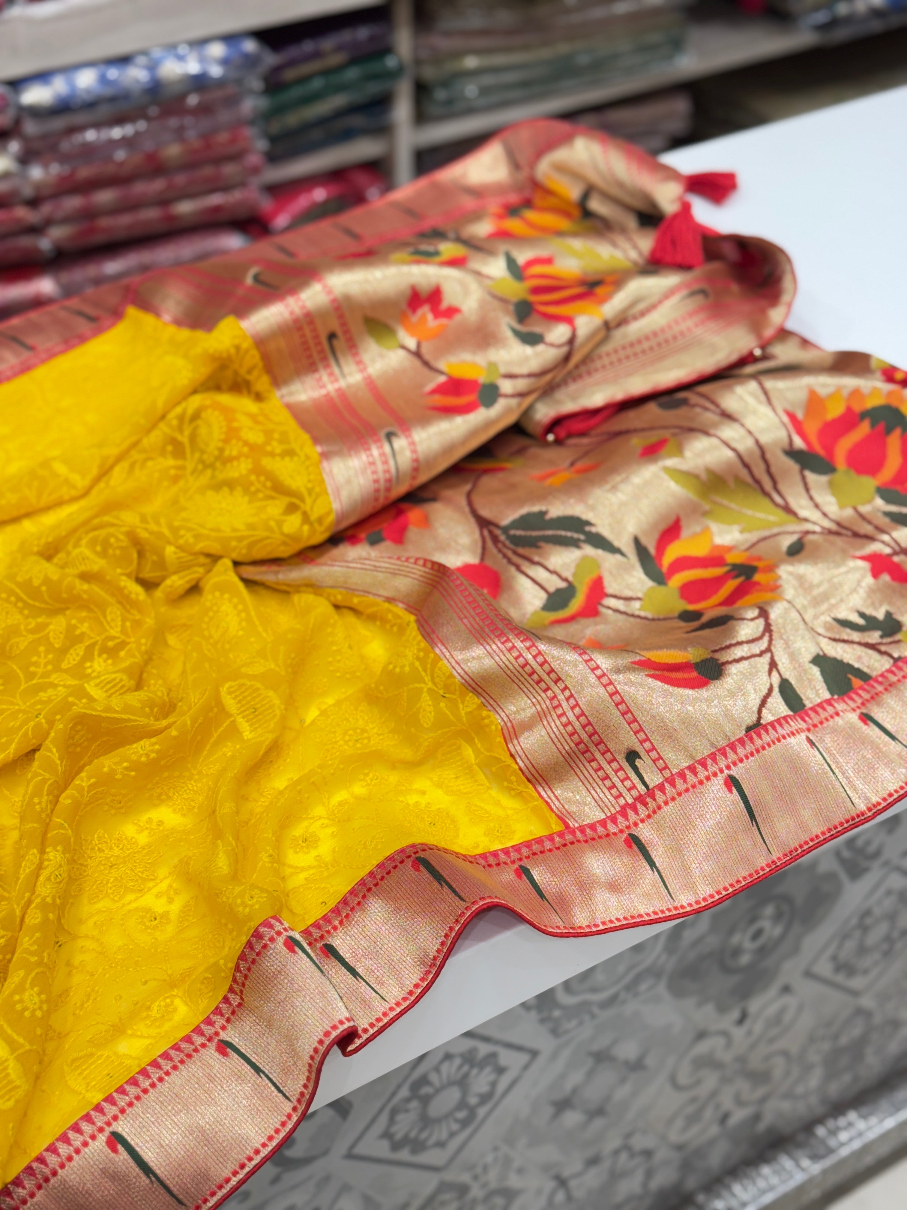 Yellow Chikankari Paithani Saree