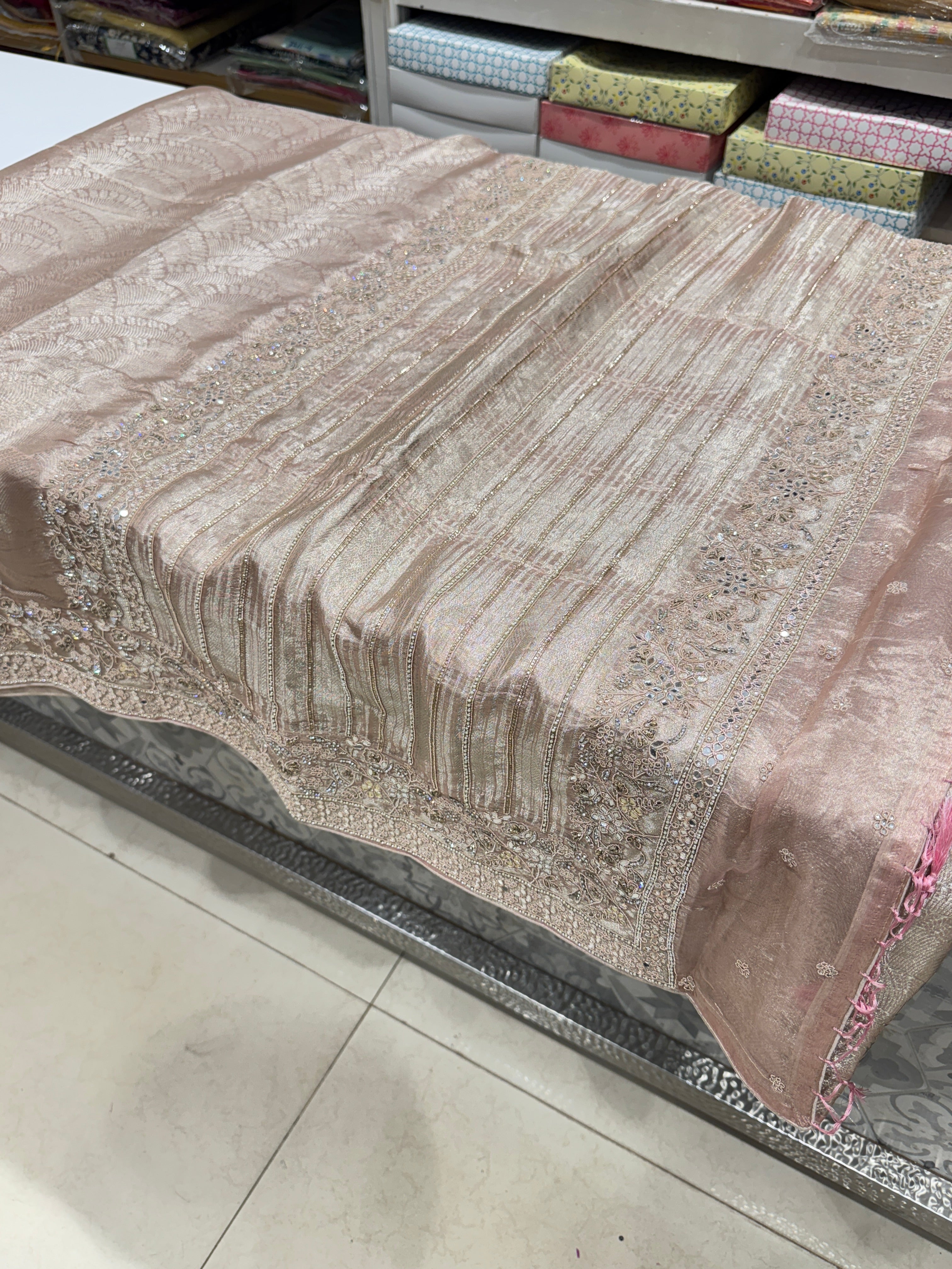 Light Pink Tissue Kanjivaram Hand Embroidery Saree