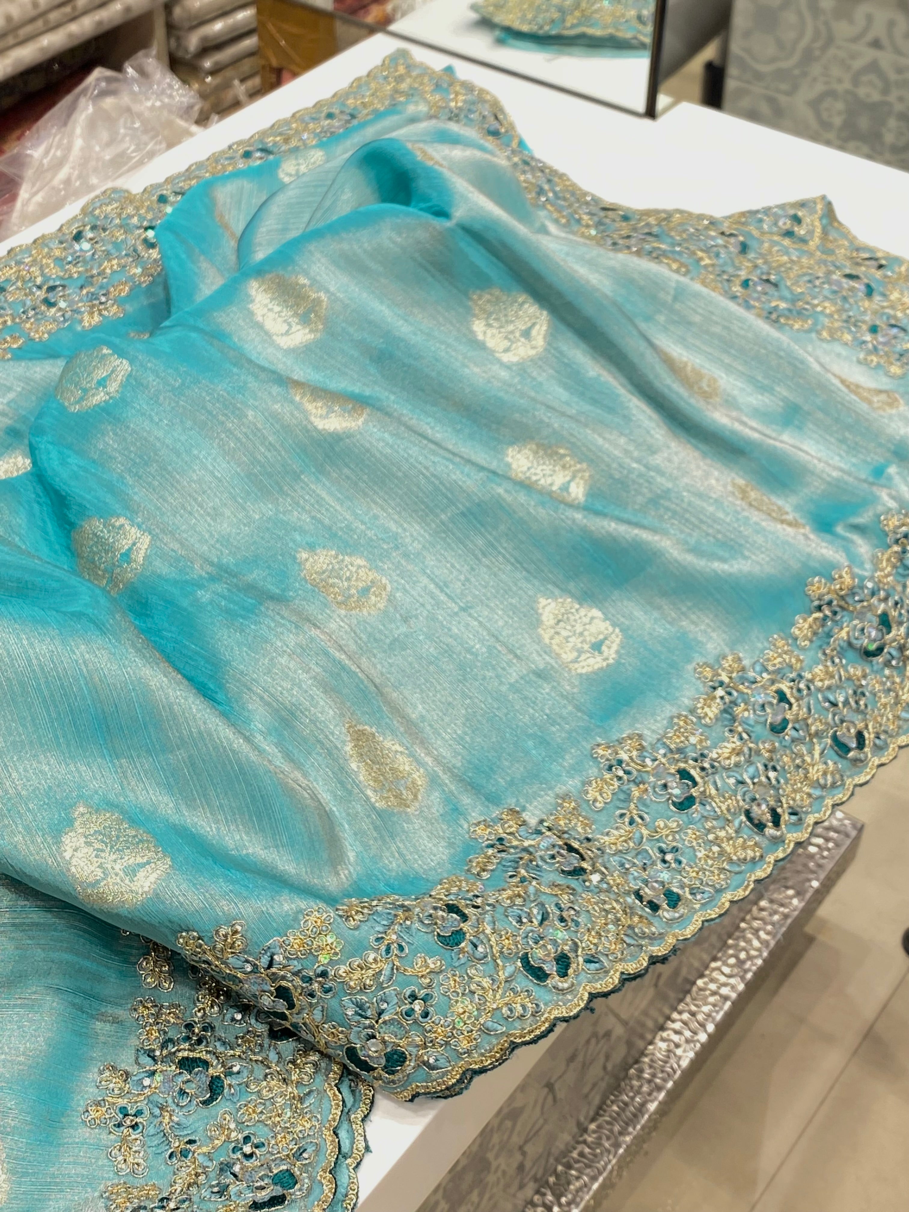 Blue Tissue Butta Border Embroidered Saree