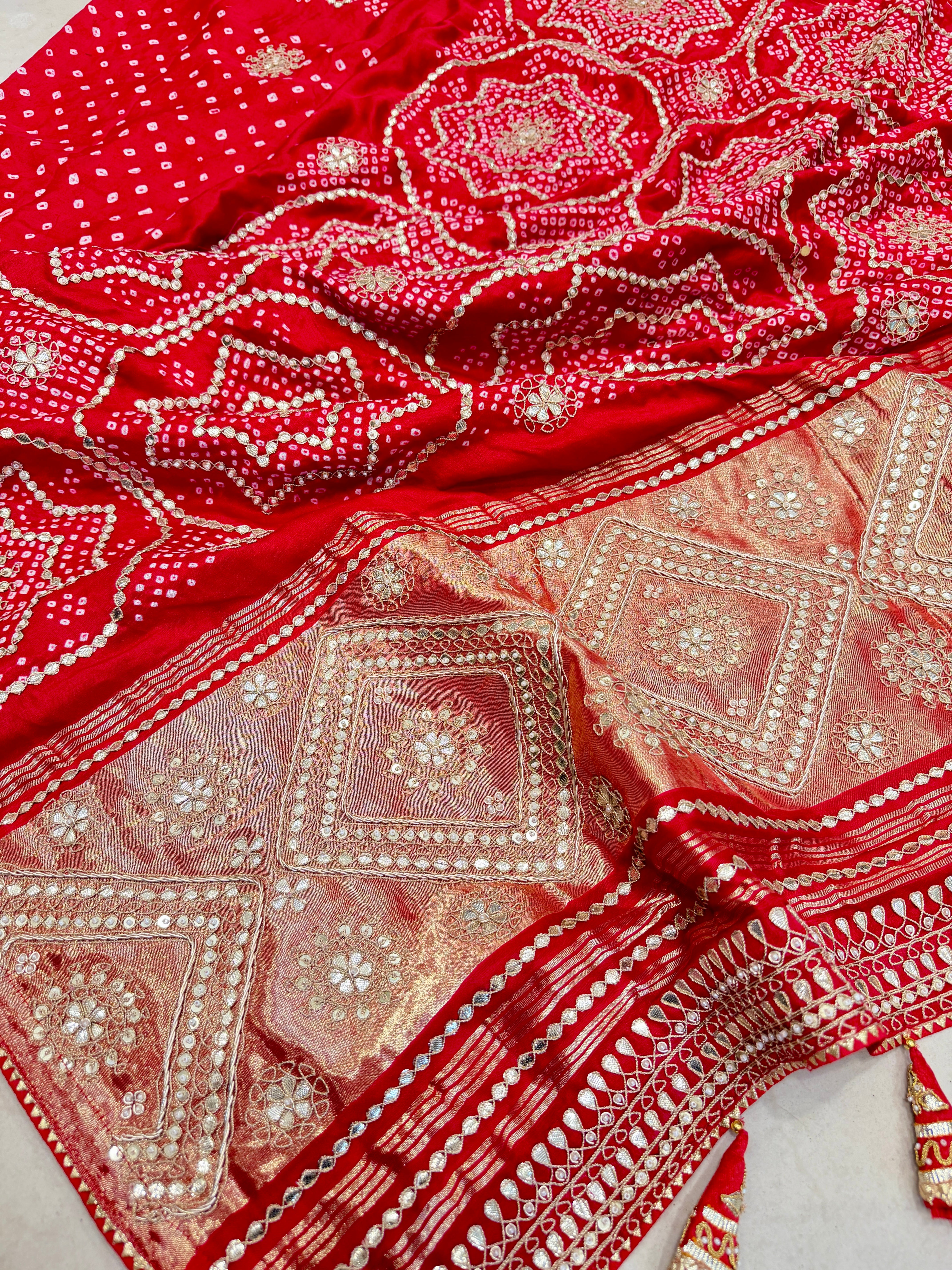 Red Gajji Silk Rai Bandhej Marodi Hand Embroidery Dabka Saree