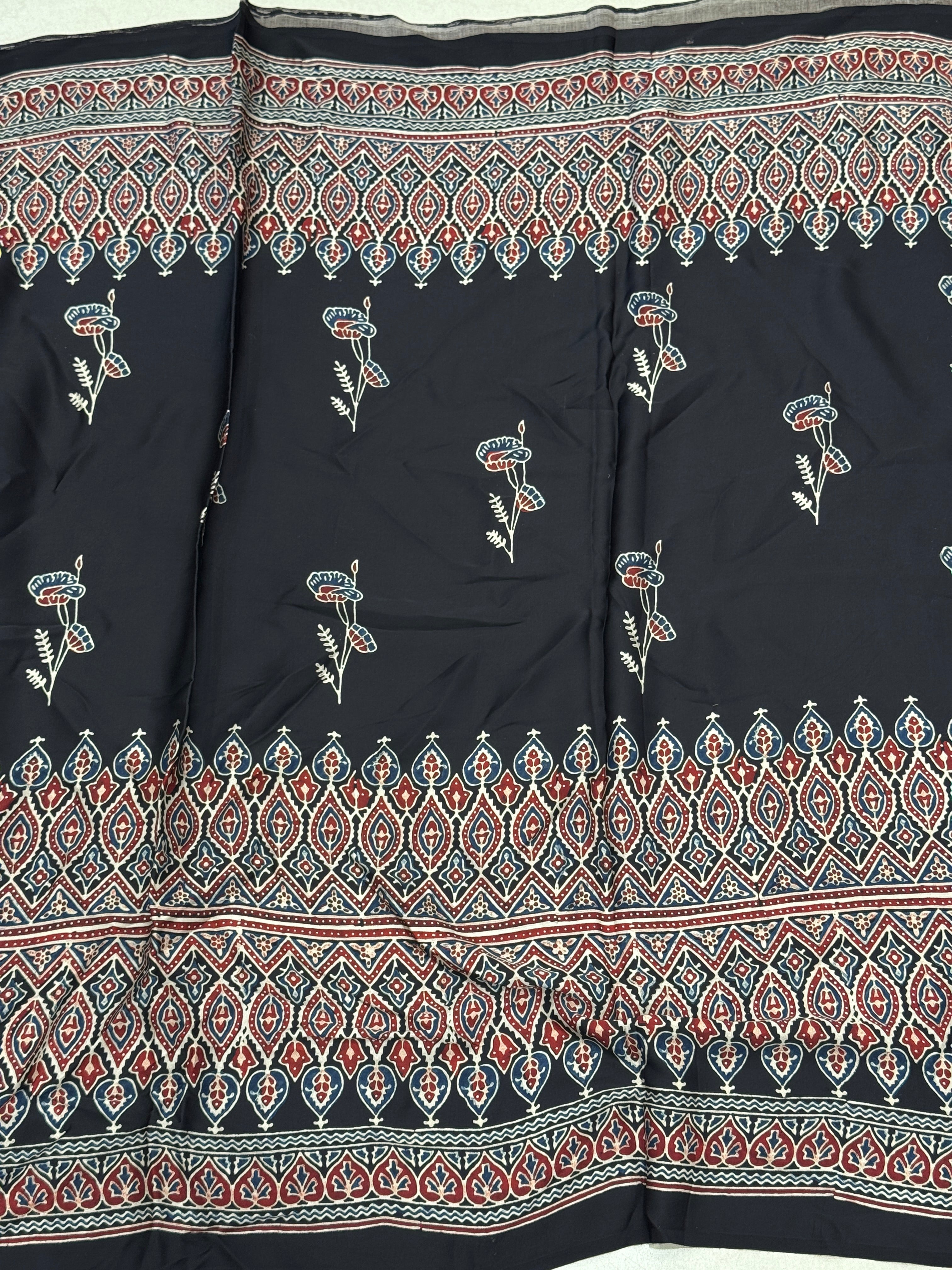 Black Contemporary Ajrakh Hand Block Print Pure Gajji Silk Saree