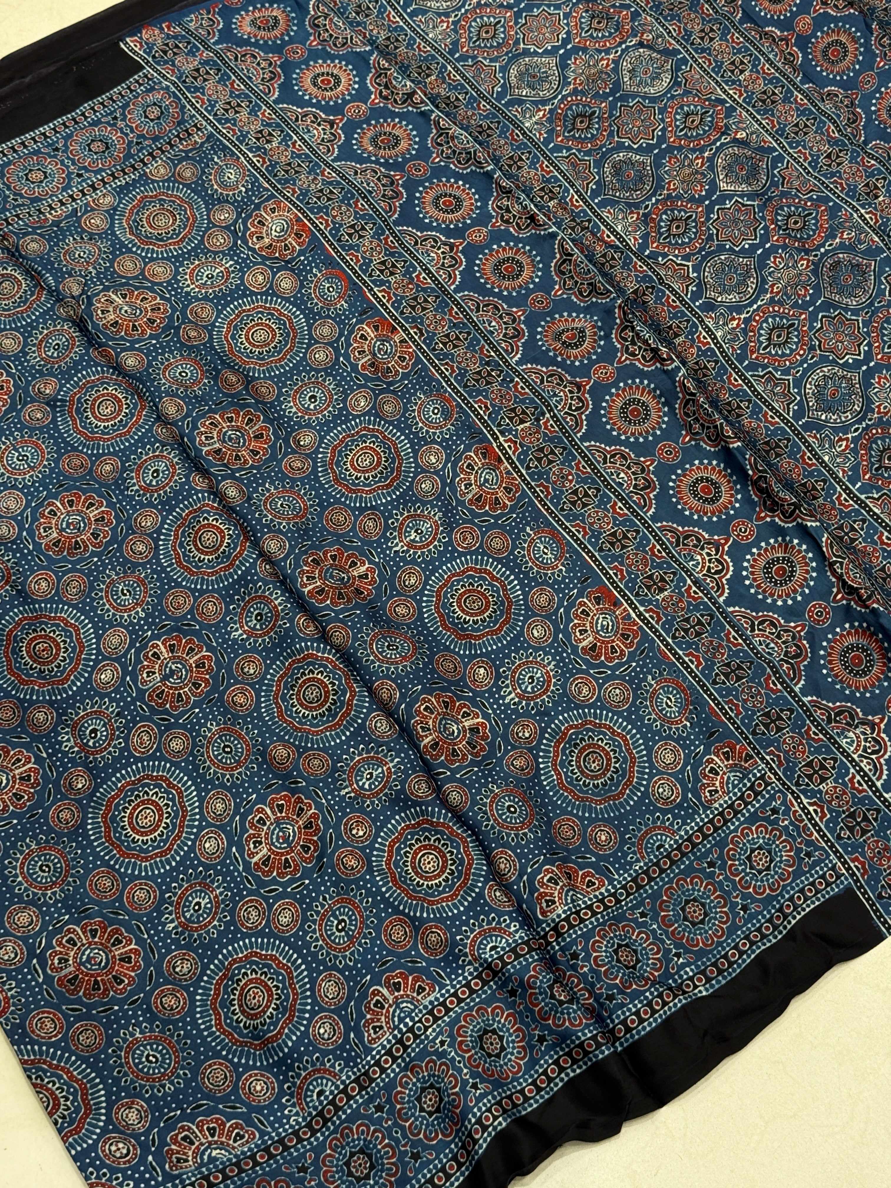 Blue Badam Circle Jaal Ajrakh Block Print Hand Pure Gajji Silk Saree