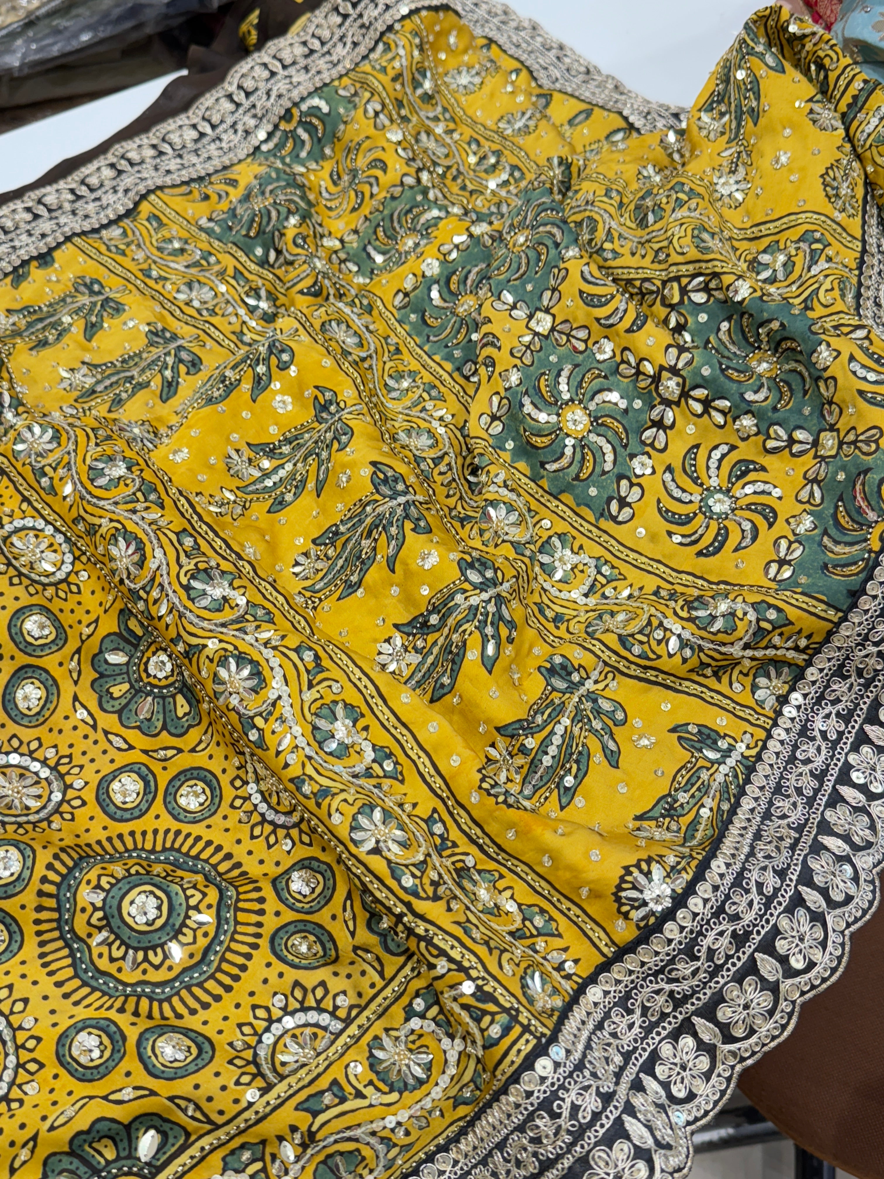 Yellow Ajrakh Hand Embroidery Saree