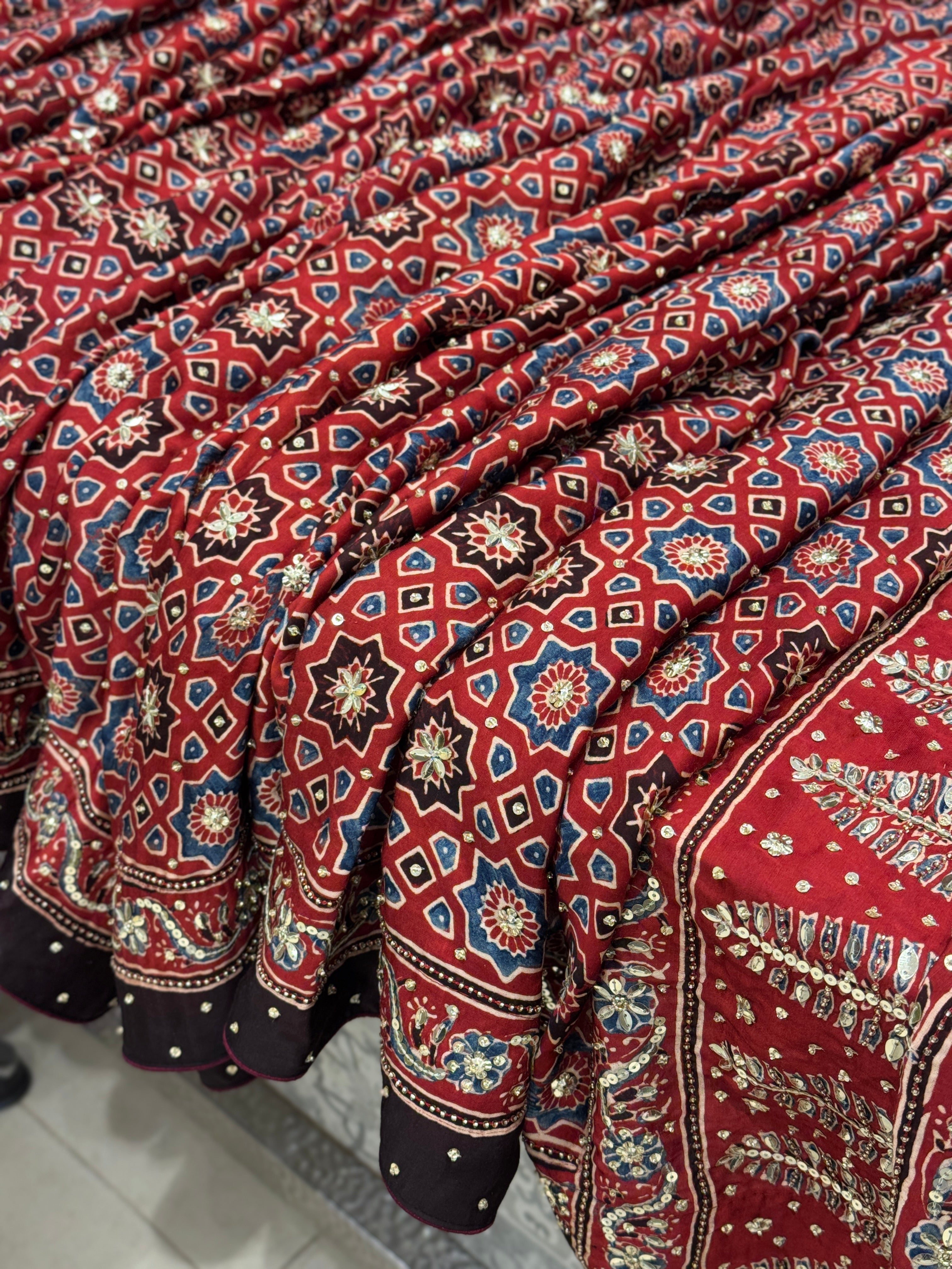 Red Ajrakh Floral Buttas Sequin Moti Hand Embroidery Saree