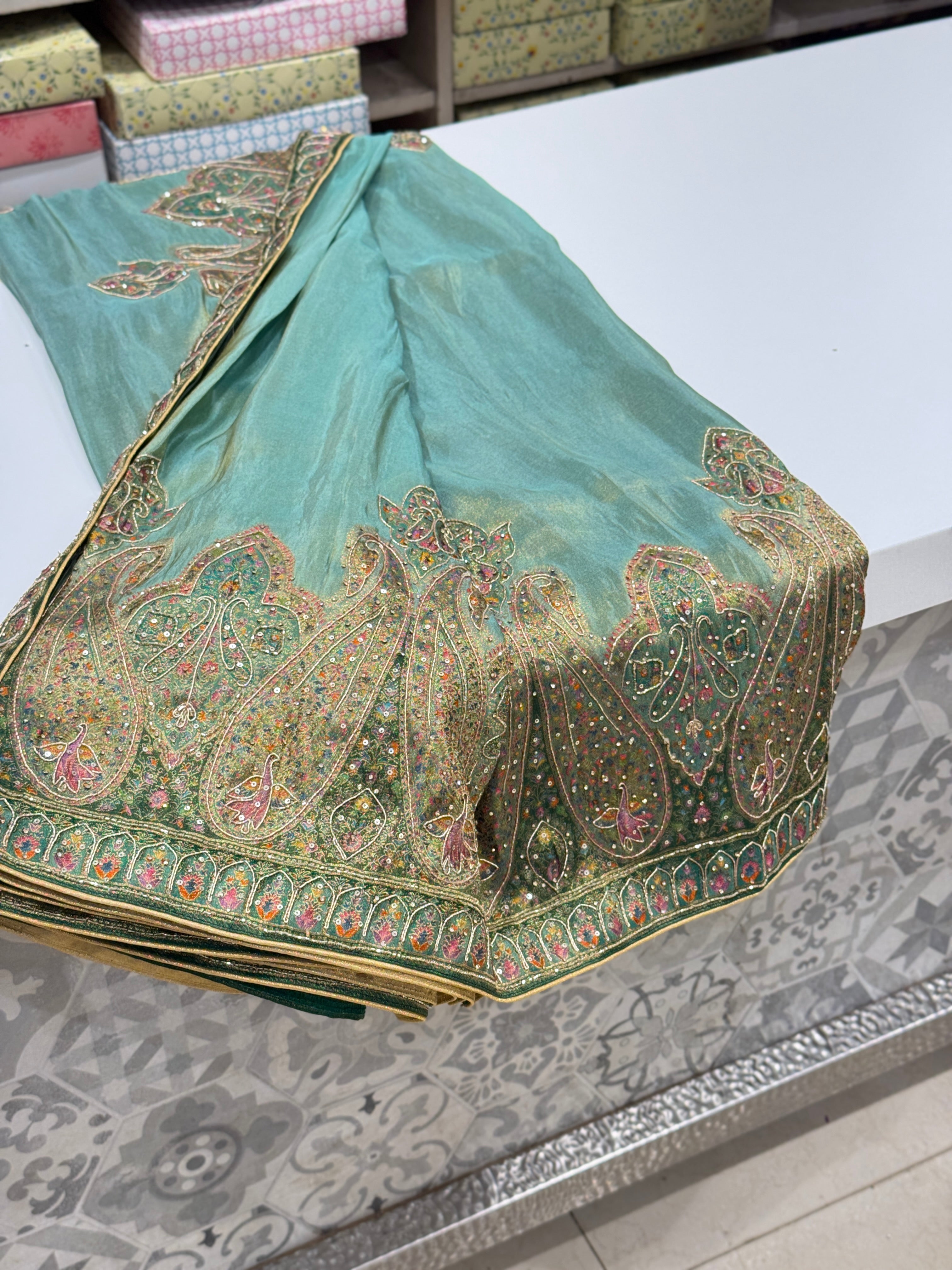 Sea Green Crepe Tissue Pashmina Style Embroidery Saree