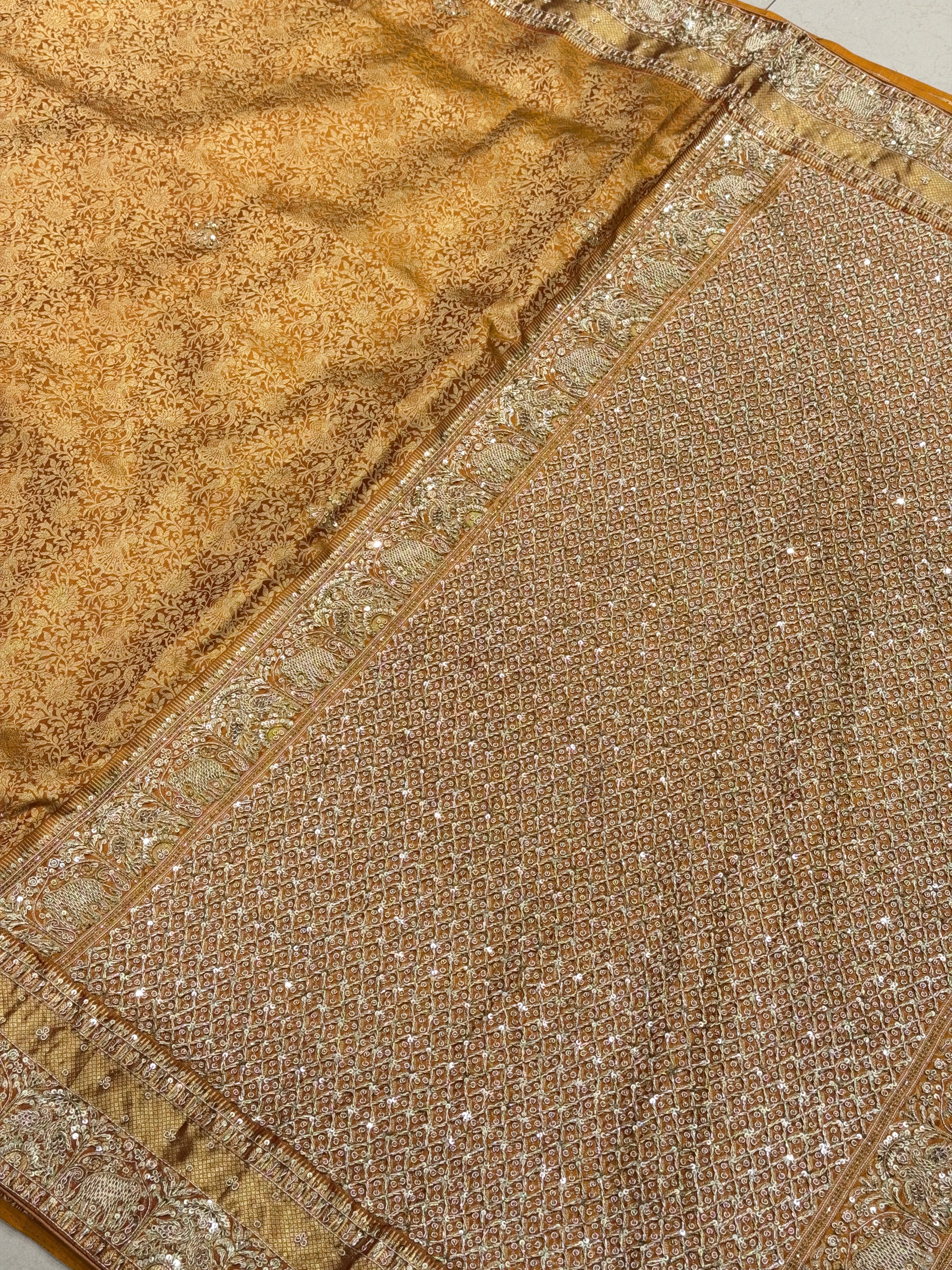 Mustard Yellow Kanjivaram Elephant Motif Hand Embroidery Zardosi Saree