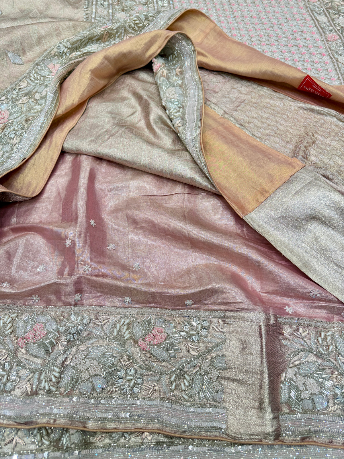 Nude Peachish Pink Silver Kanjivaram Three Zari Hand Embroidery Zardosi Moti Sequin Saree