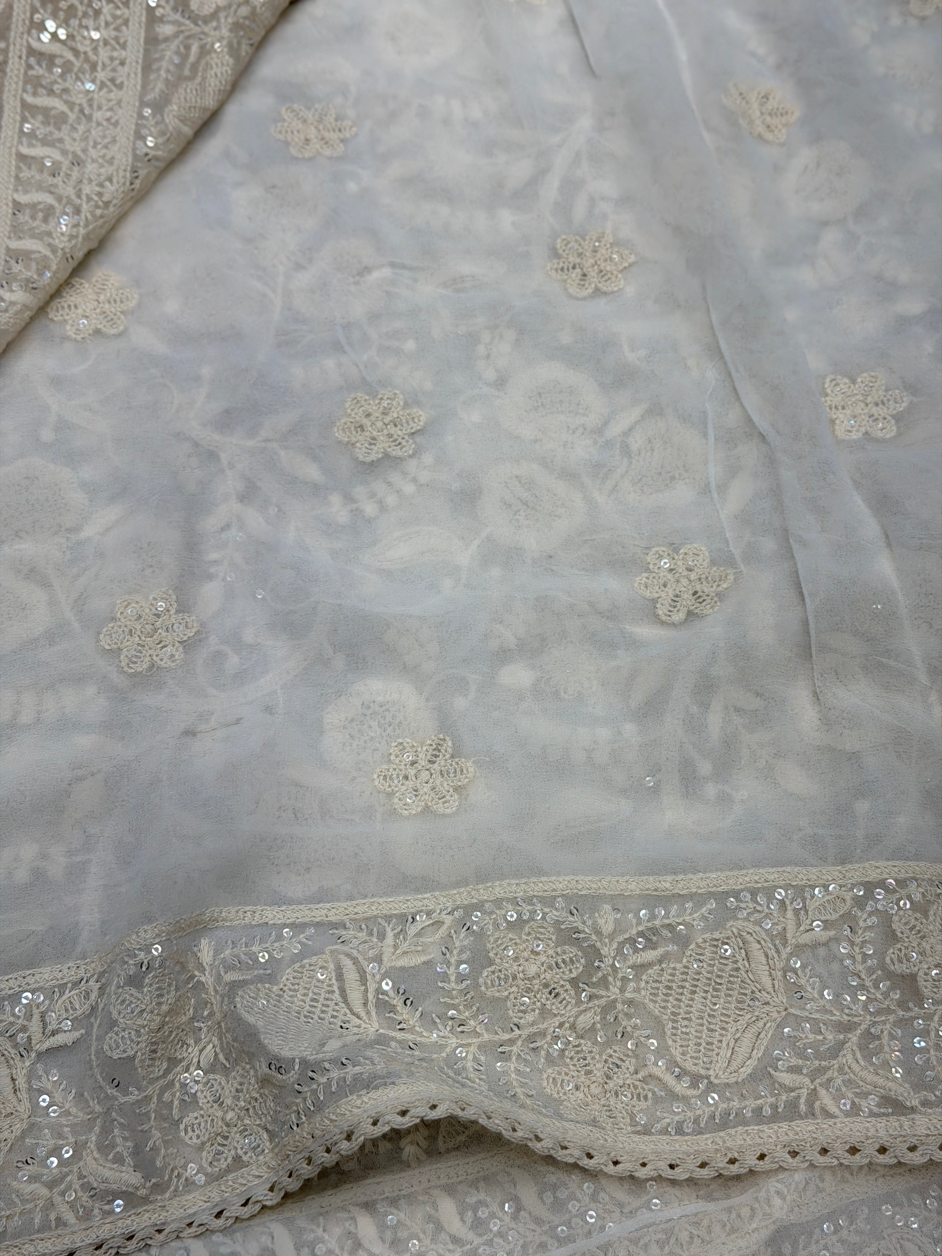 White Chikankari Georgette Jaal Resham Sequin Embroidery Saree