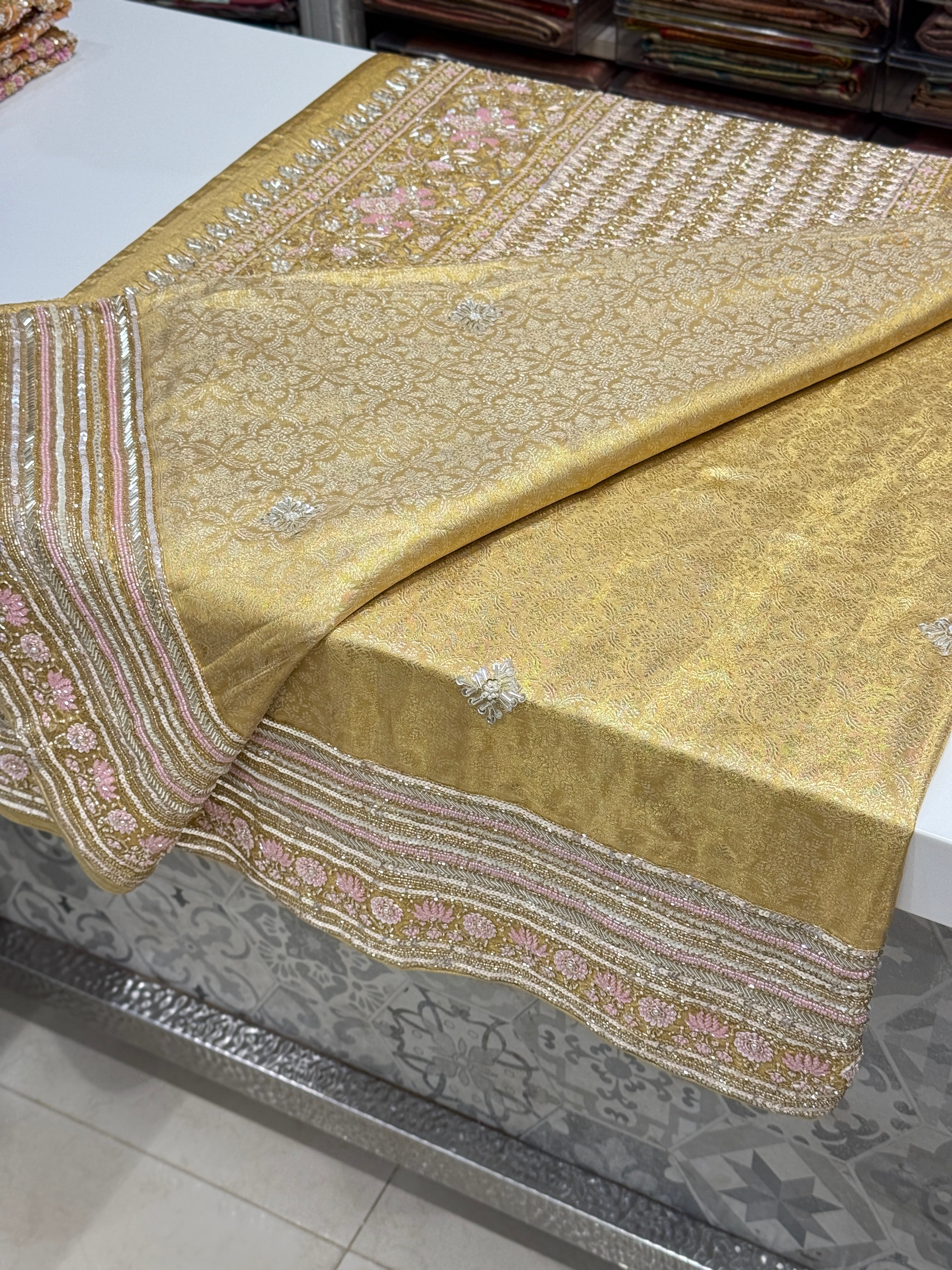 Gold Tissue Jaal Kanjivaram Hand Embroidery Saree