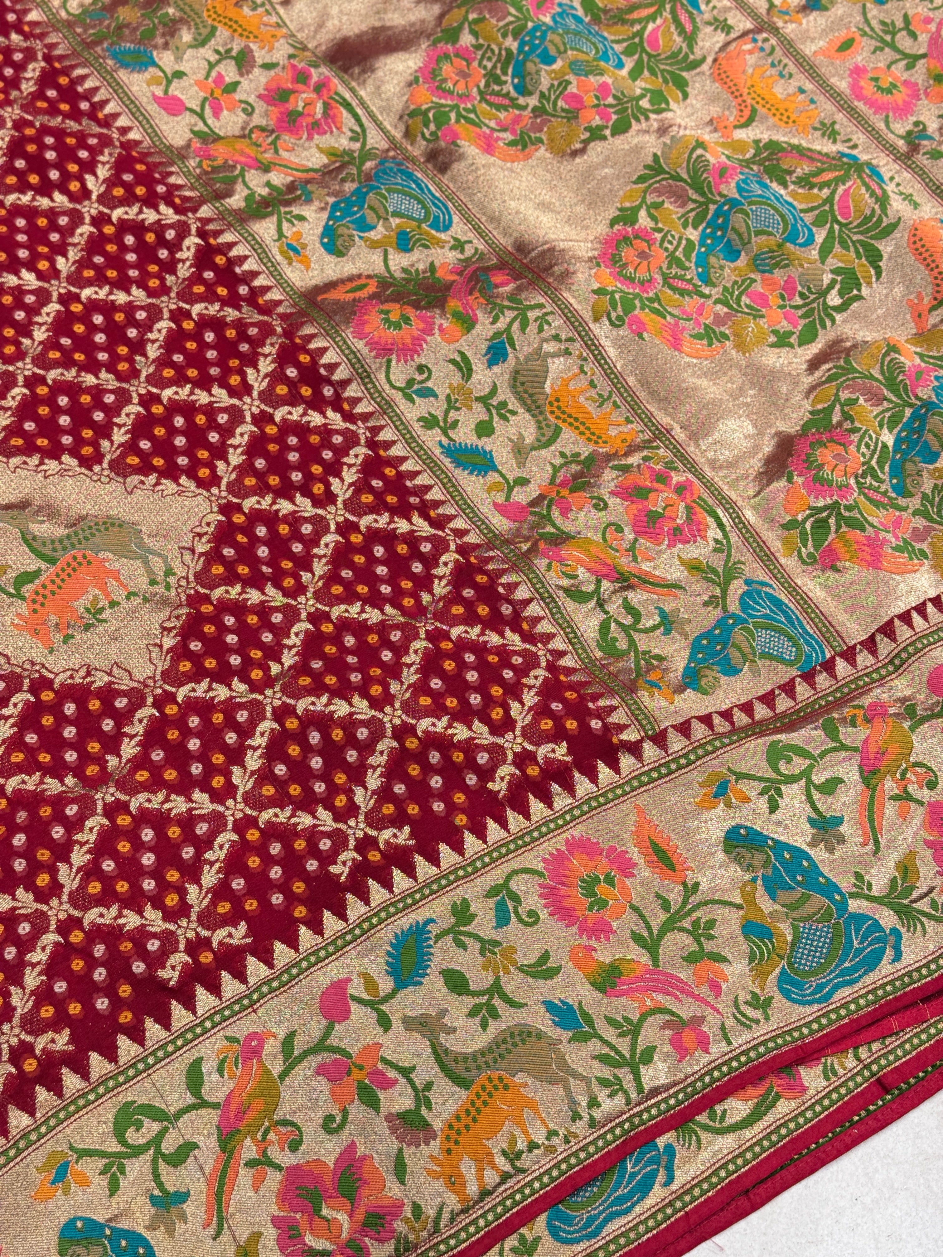 Red Woven Bandhej Banarasi Meenakari Saree