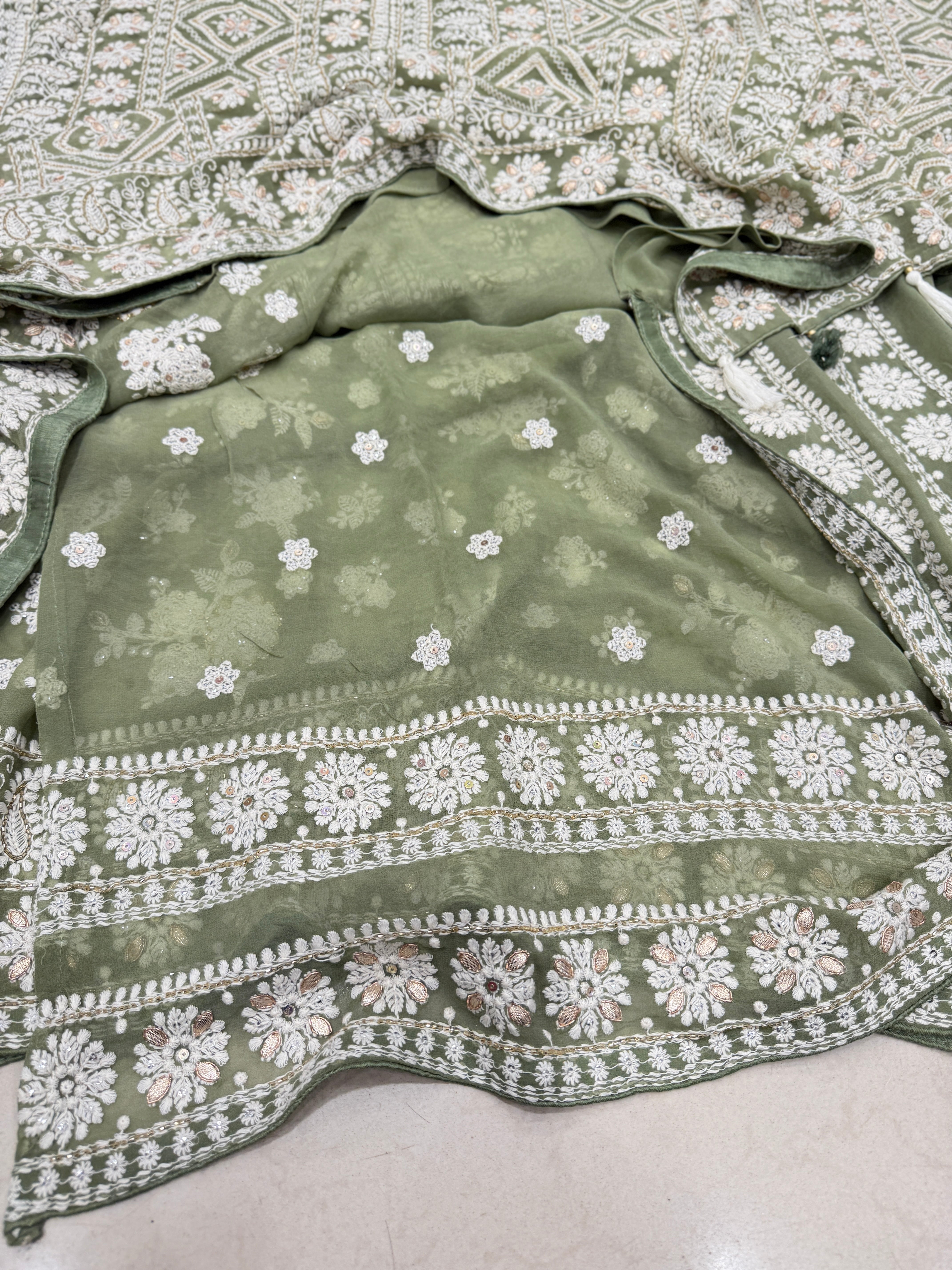 Green Butta Chikankari on Georgette with Cutdana Hand Embroidery