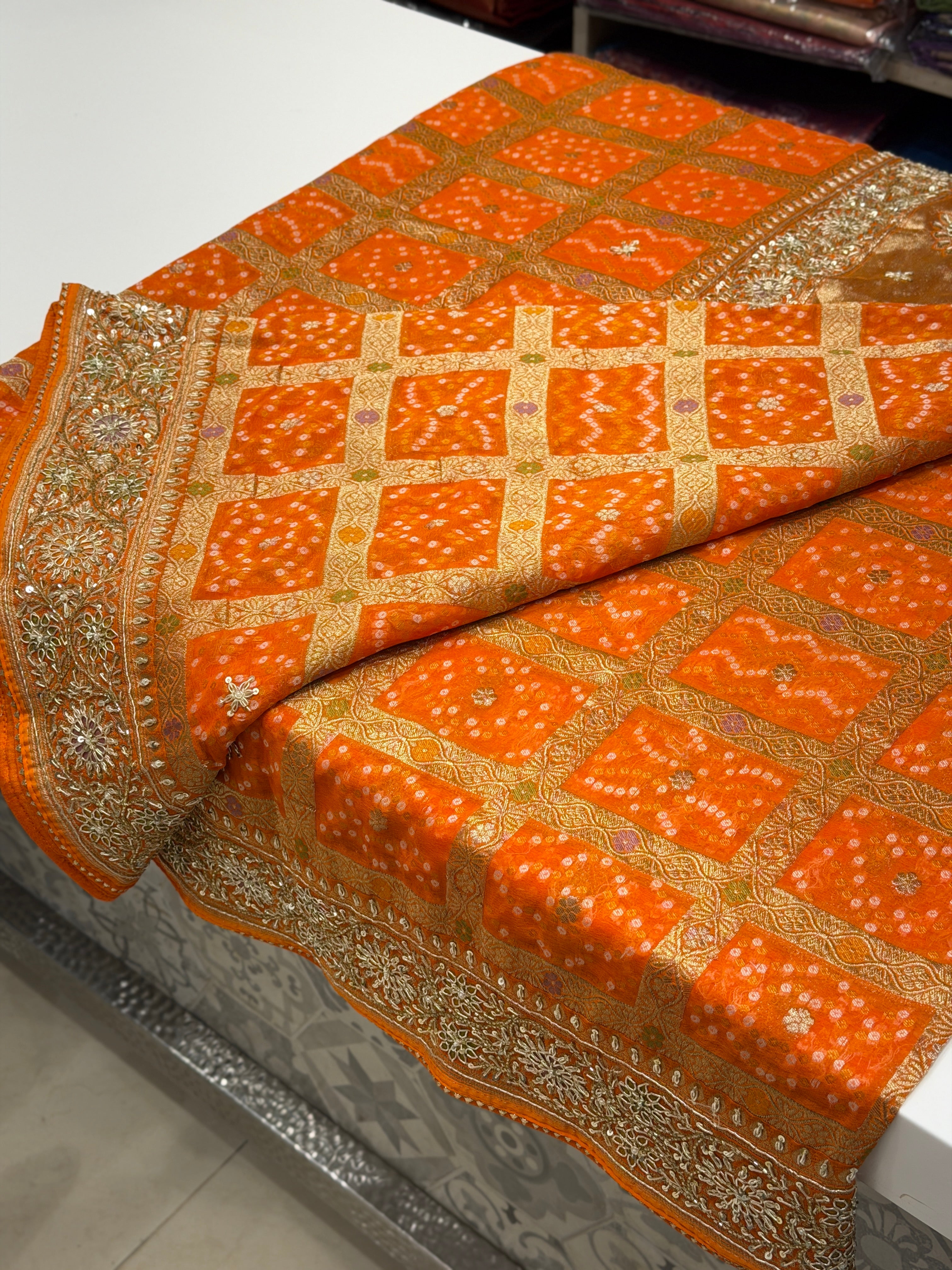 Orange Woven Bandhej Gharchola Hand Embroidery Zardosi Saree