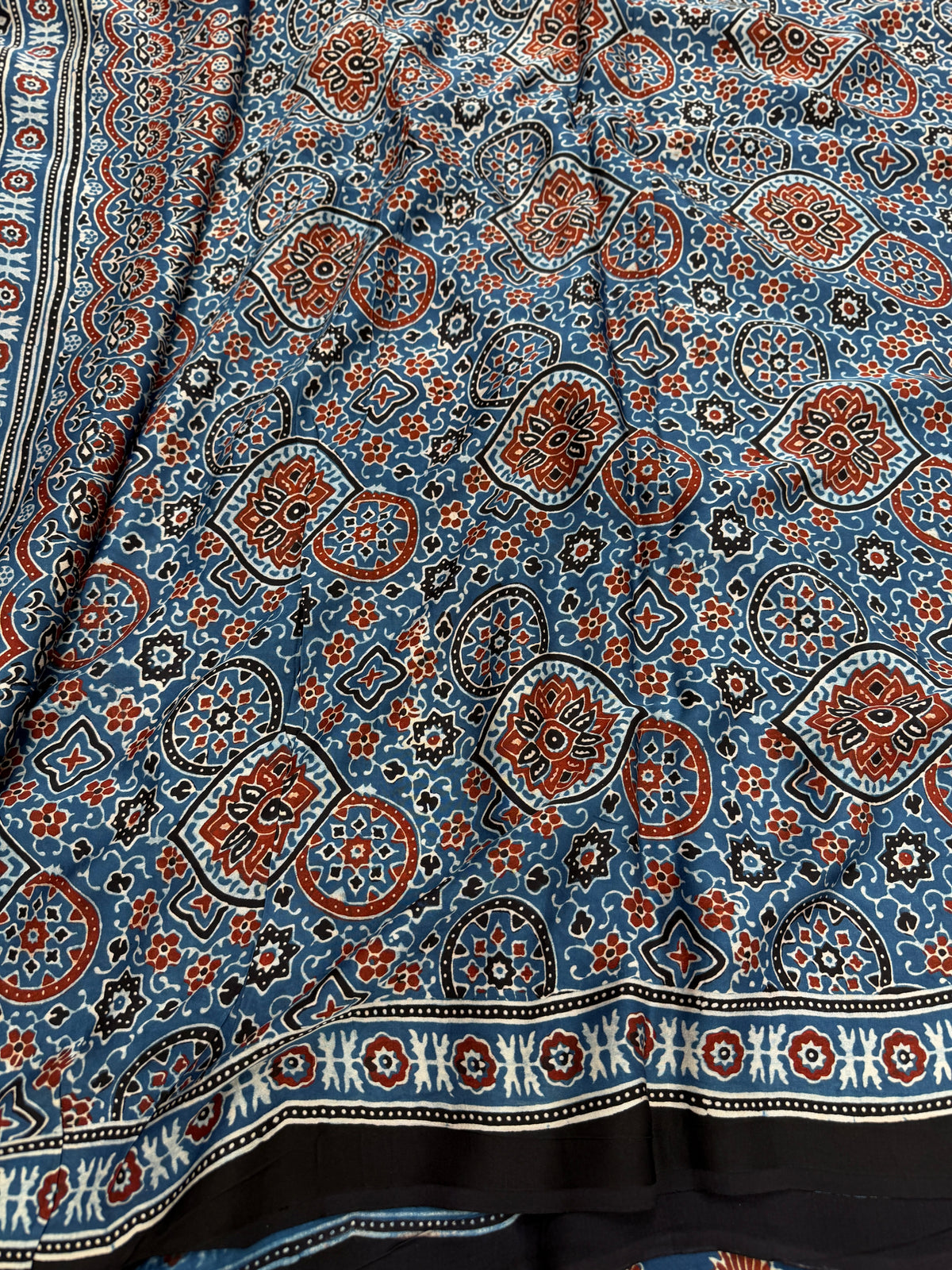 Blue Floral Butta Ajrakh Hand Block Print Pure Gajji Silk Saree