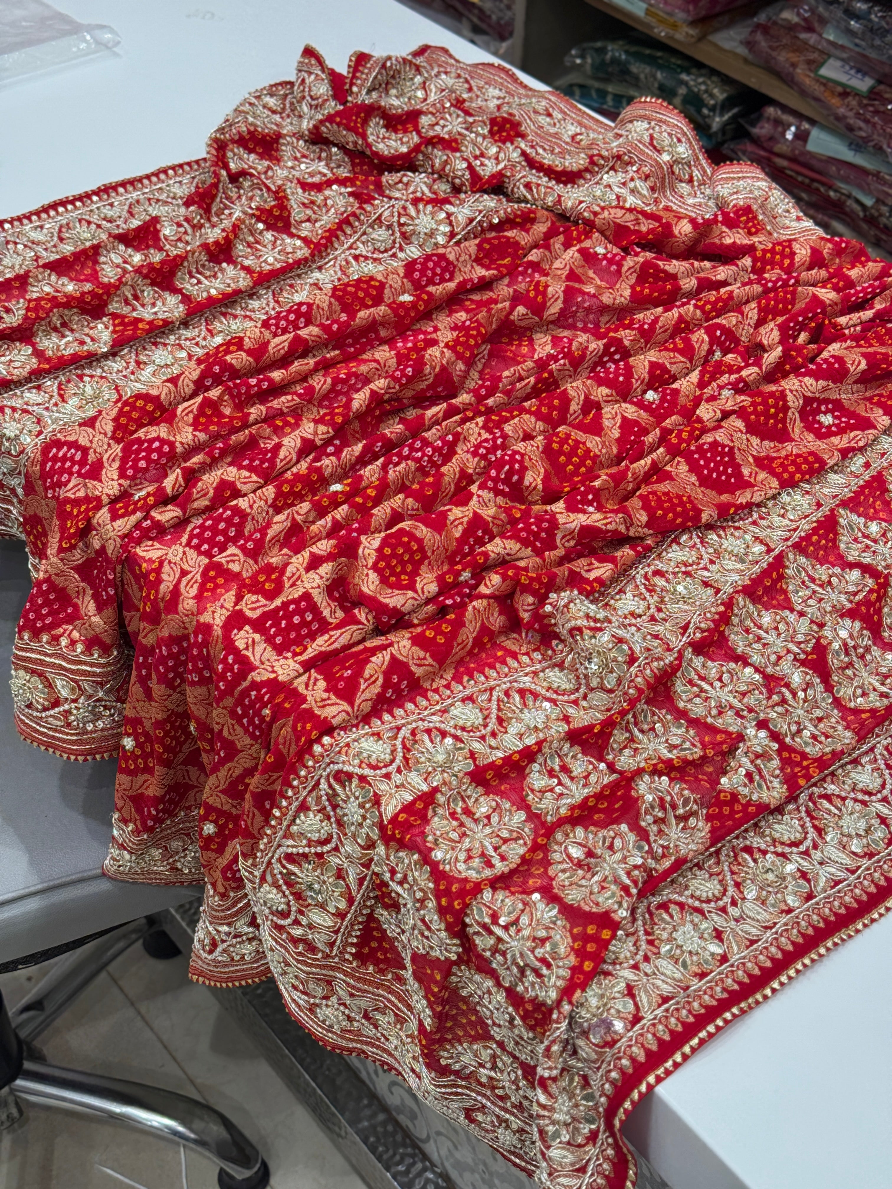 Red Hand Embroidery Bandhej Dupatta