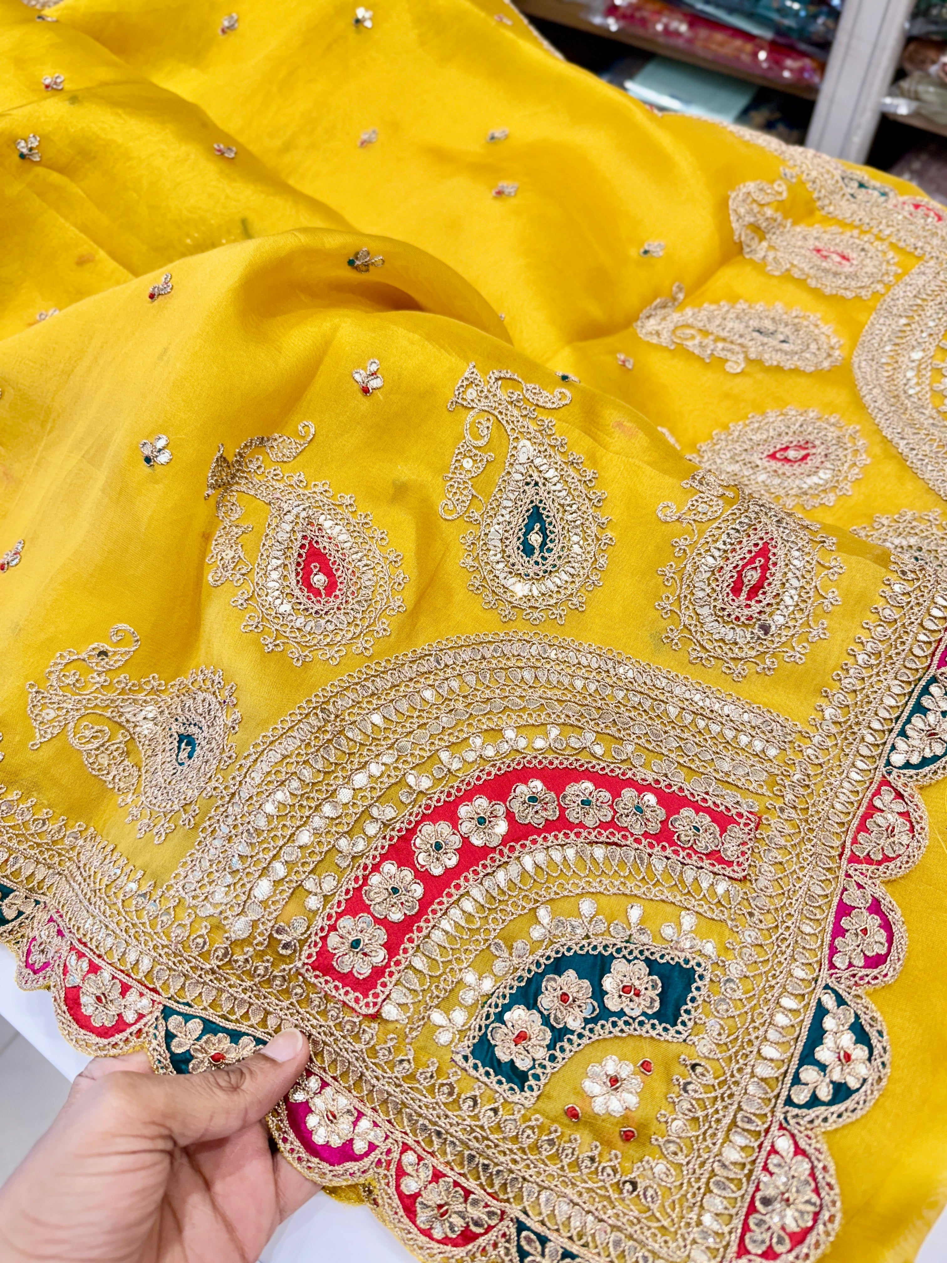 Yellow Organza Marodi Gotapatti Embroidery Saree