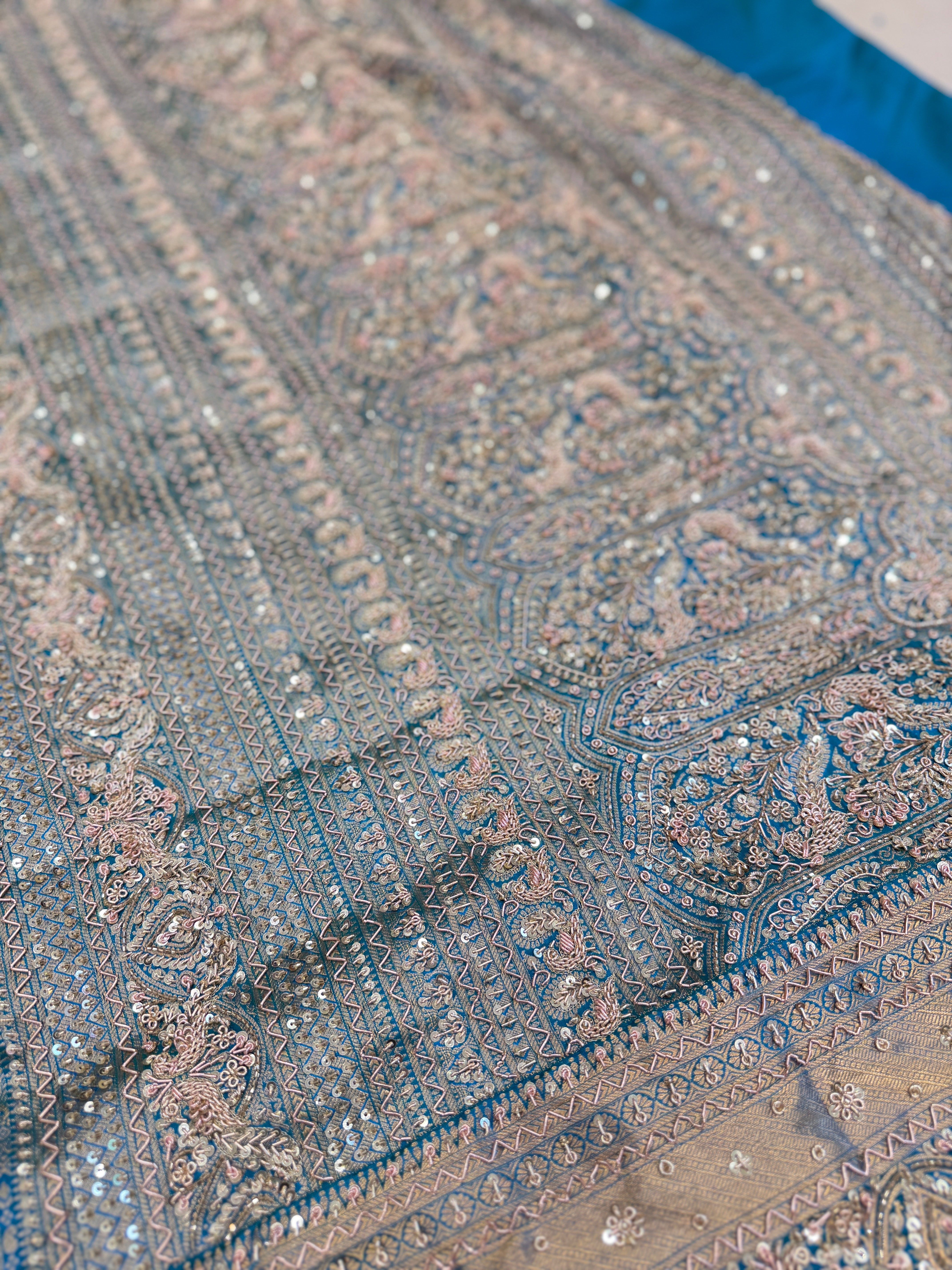 Sea Green Kanjivaram Peacock Motif Zardosi Hand Embroidery Saree