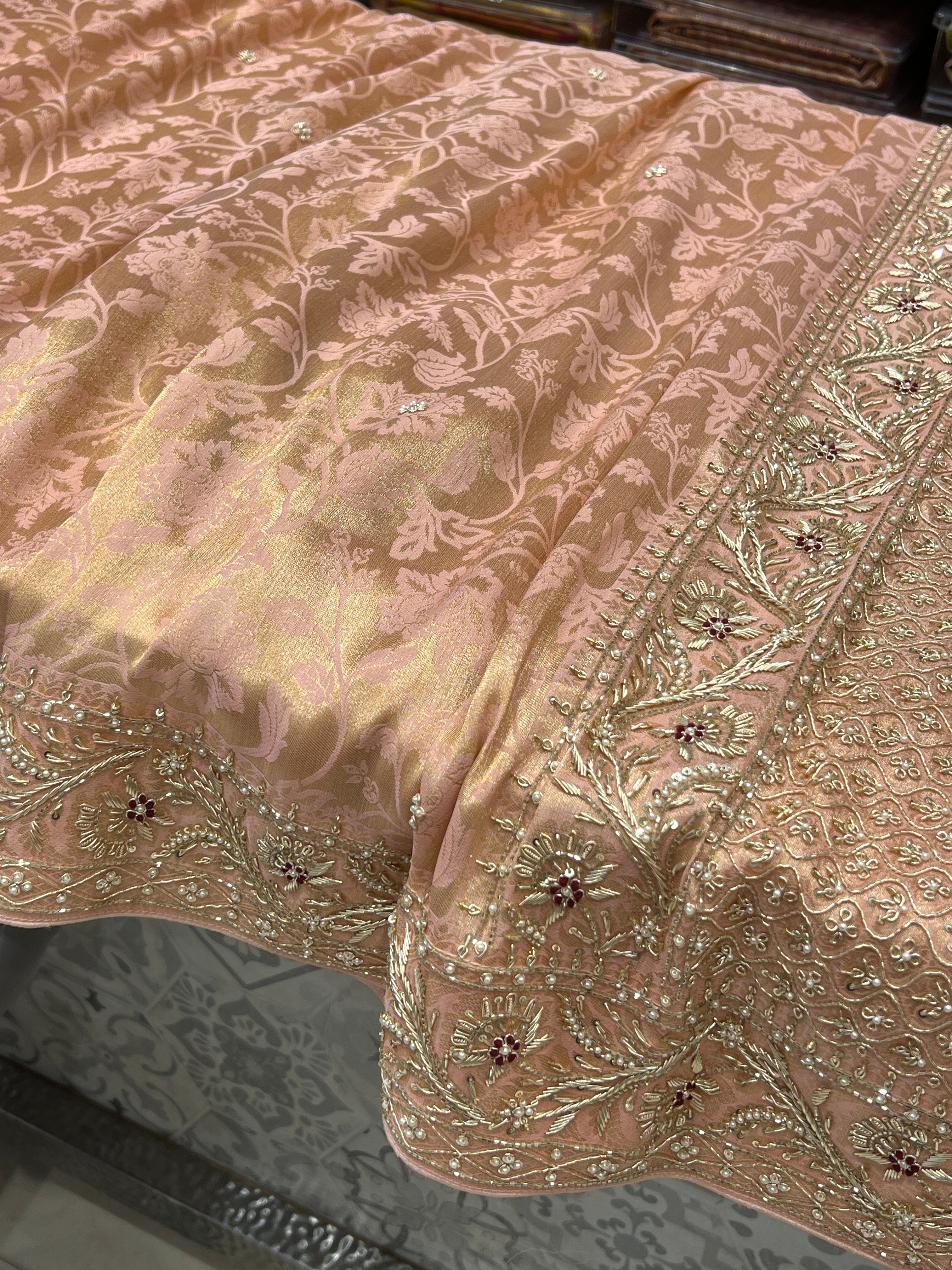 Nude Pink Floral Jaal Banarasi Zardosi Embroidery Saree