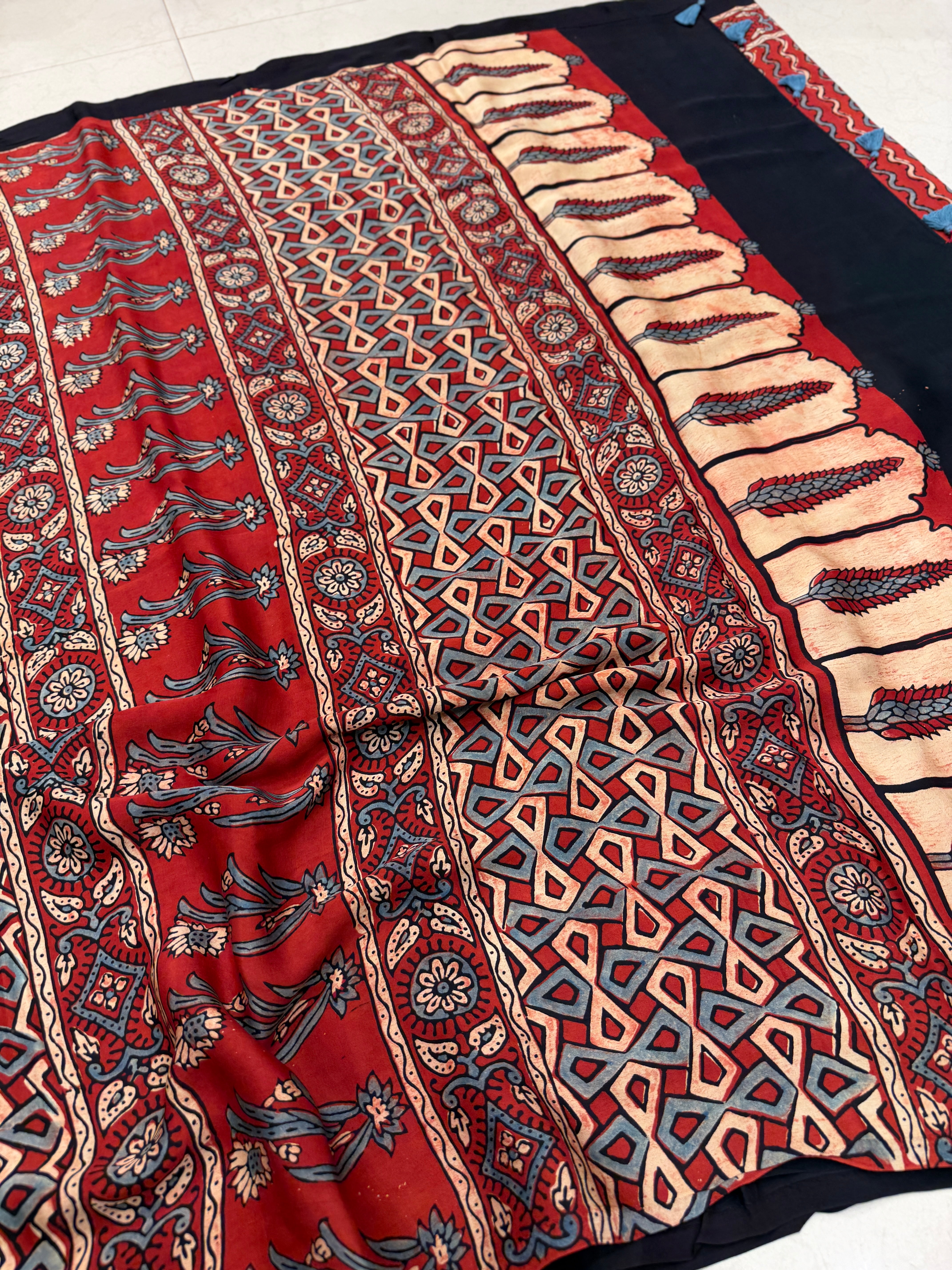 Red Squiggly Lines Ajrakh Hand Block Print Pure Modal Silk Saree