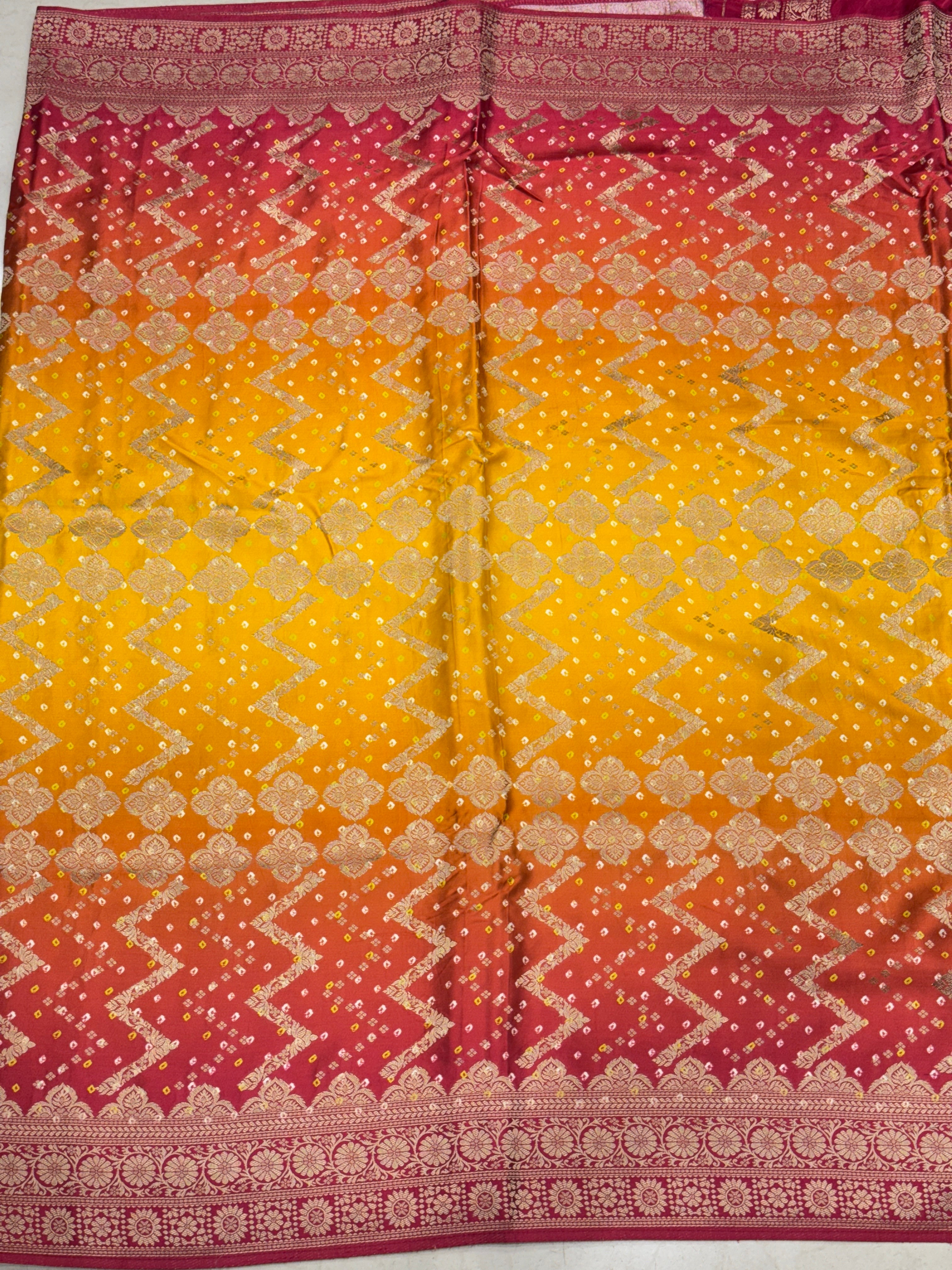Shaded Yellow Orange Bandhej Style Modal Satin Saree