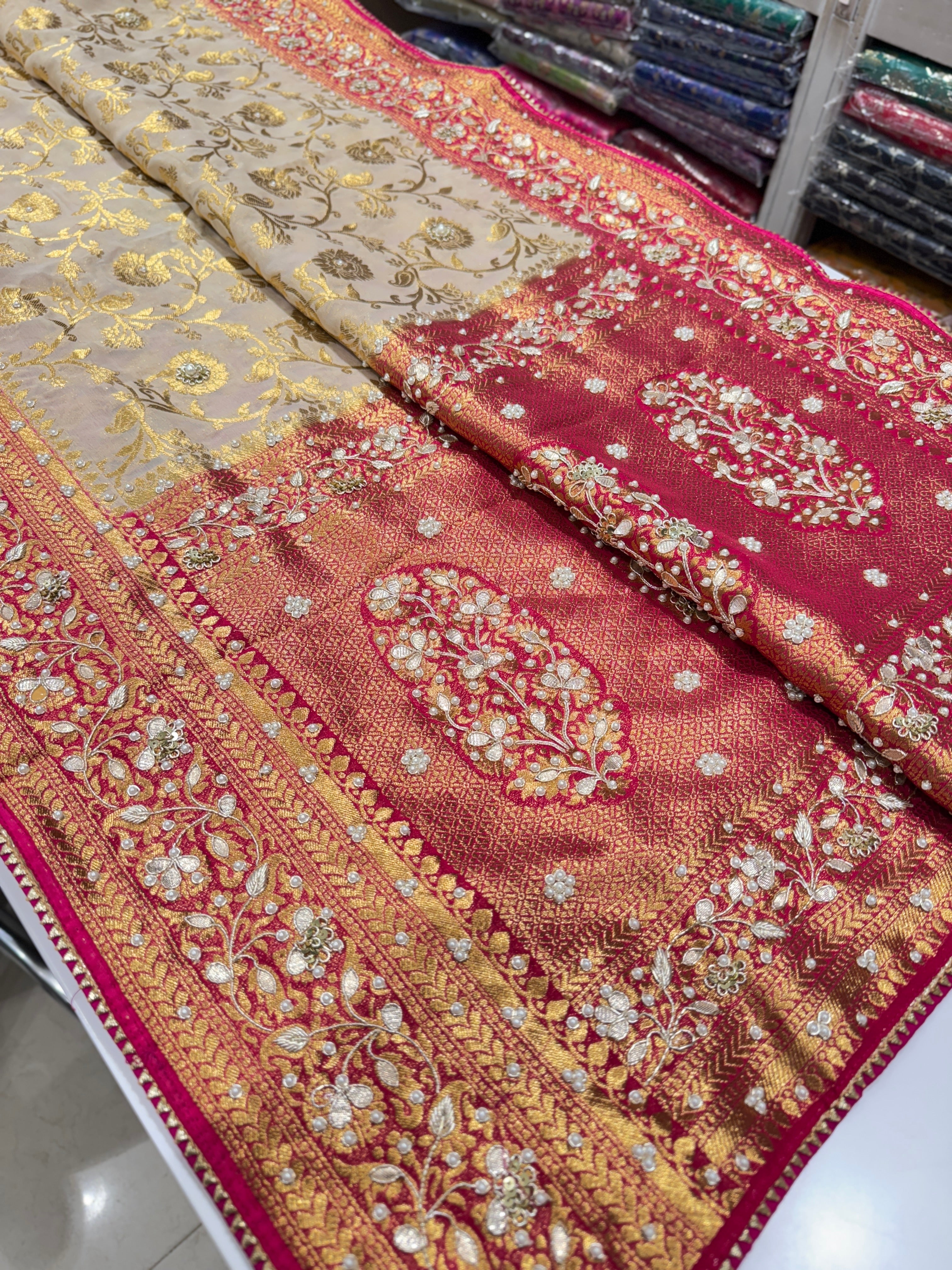 Beige Rani Banarasi Khaddi Georgette Baghban Jaal Zardosi Embroidery Saree