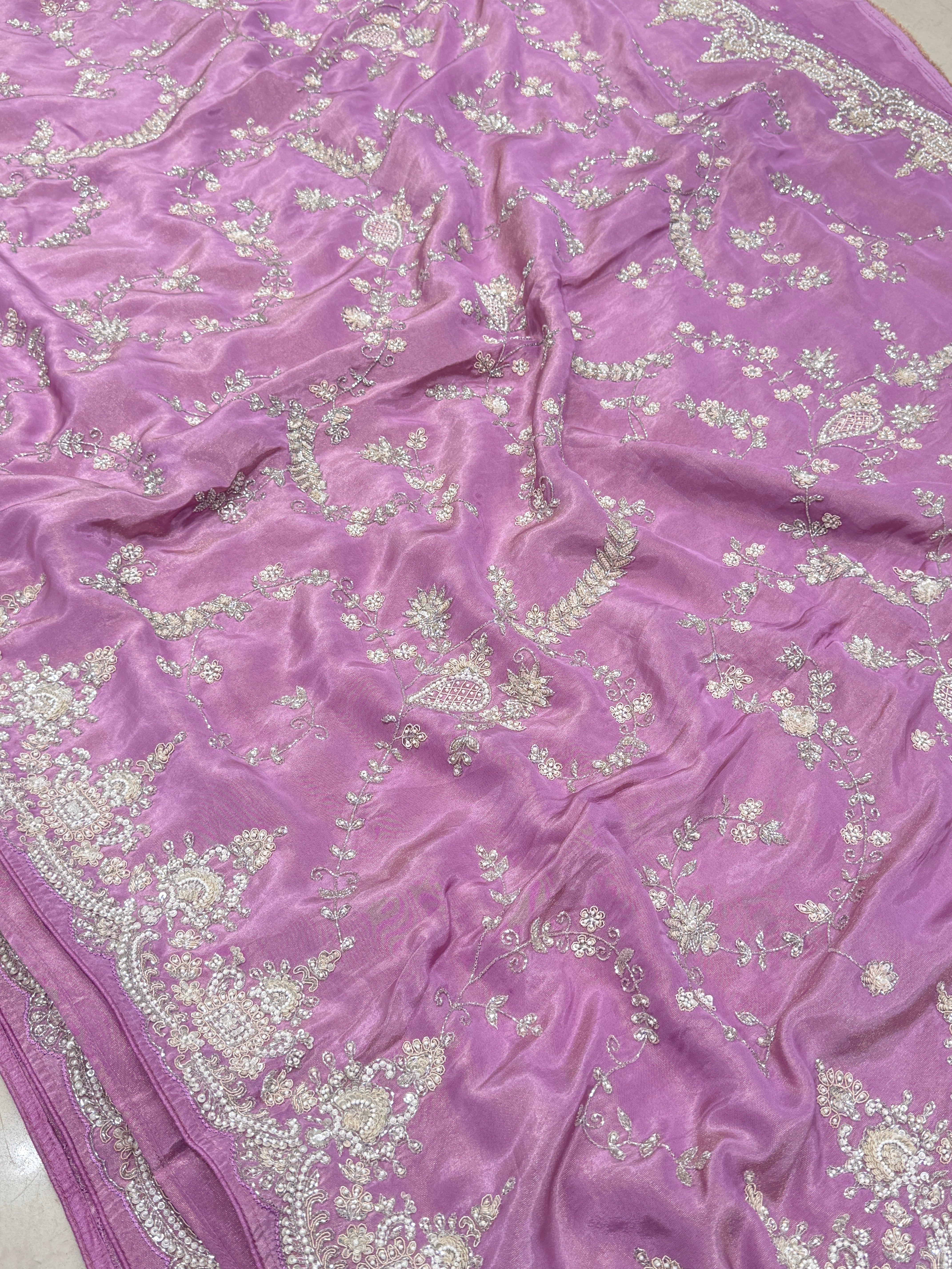 Lilac Crepe Tissue Cutana Moti Jaal Hand Embroidery Saree