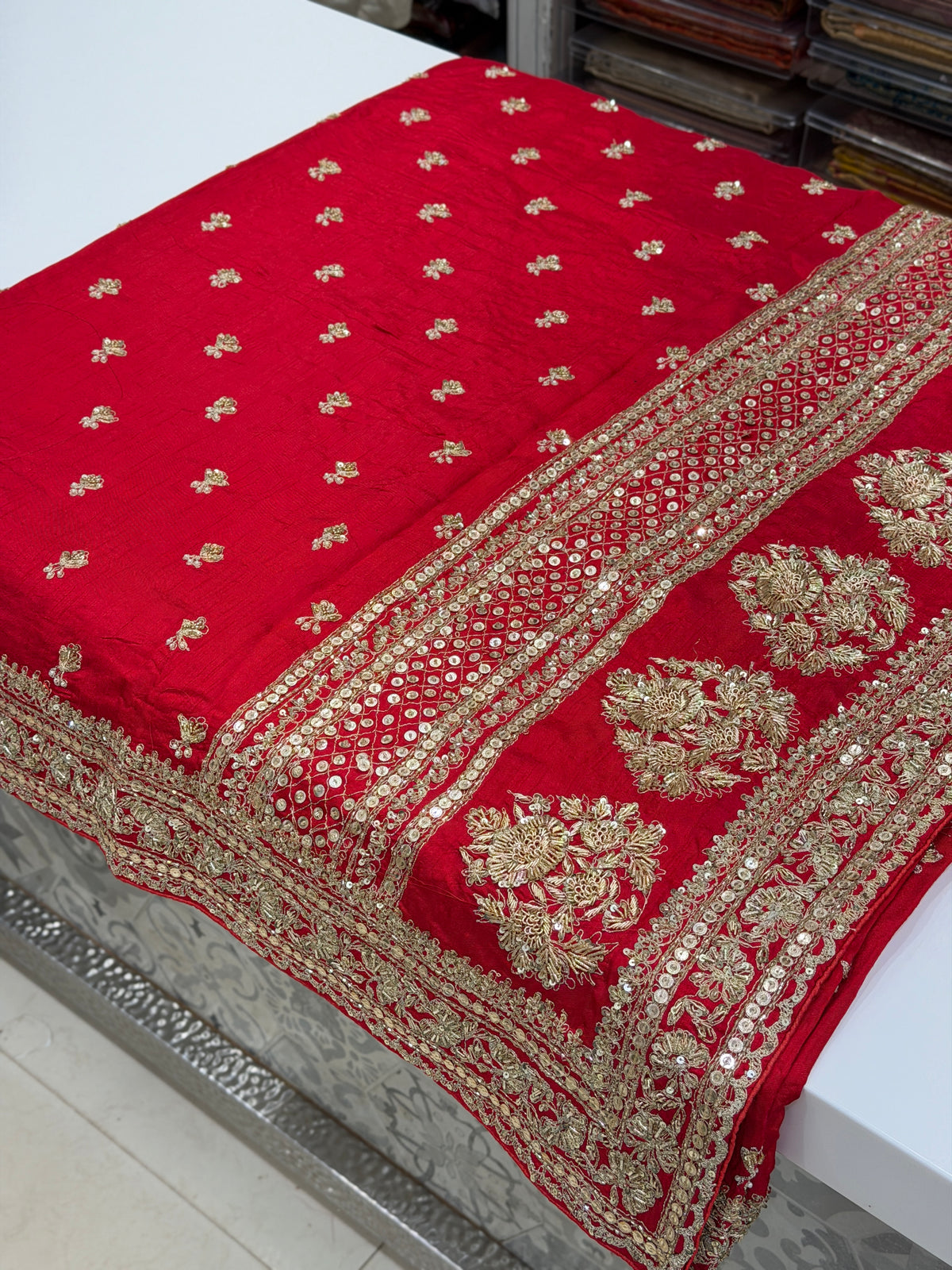 Red Sabyasachi Inspired Matka Silk Marodi Zardosi Buttis Saree