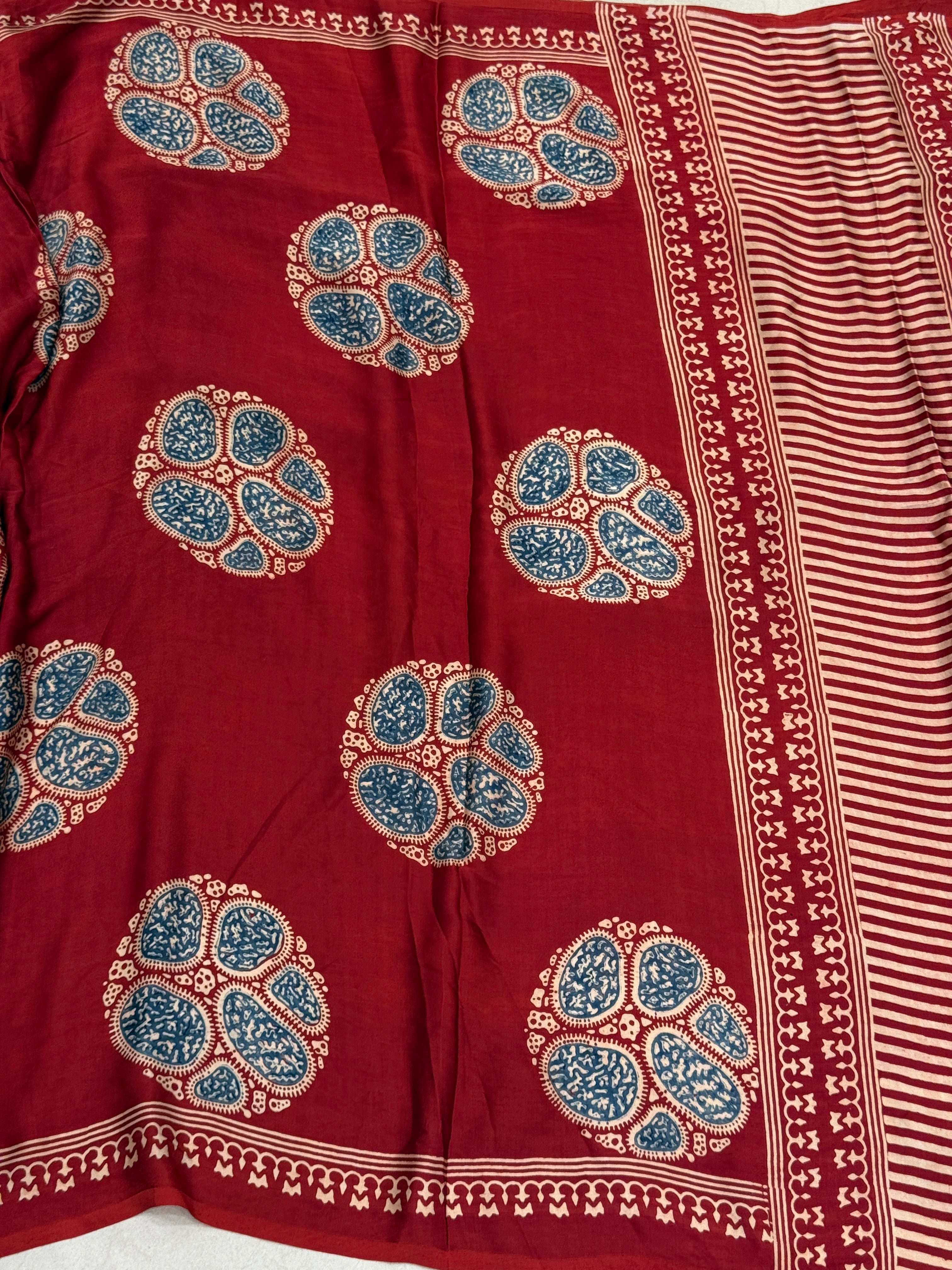 Red Ajrakh Blue Butta Hand Block Print Pure Gajji Silk Saree