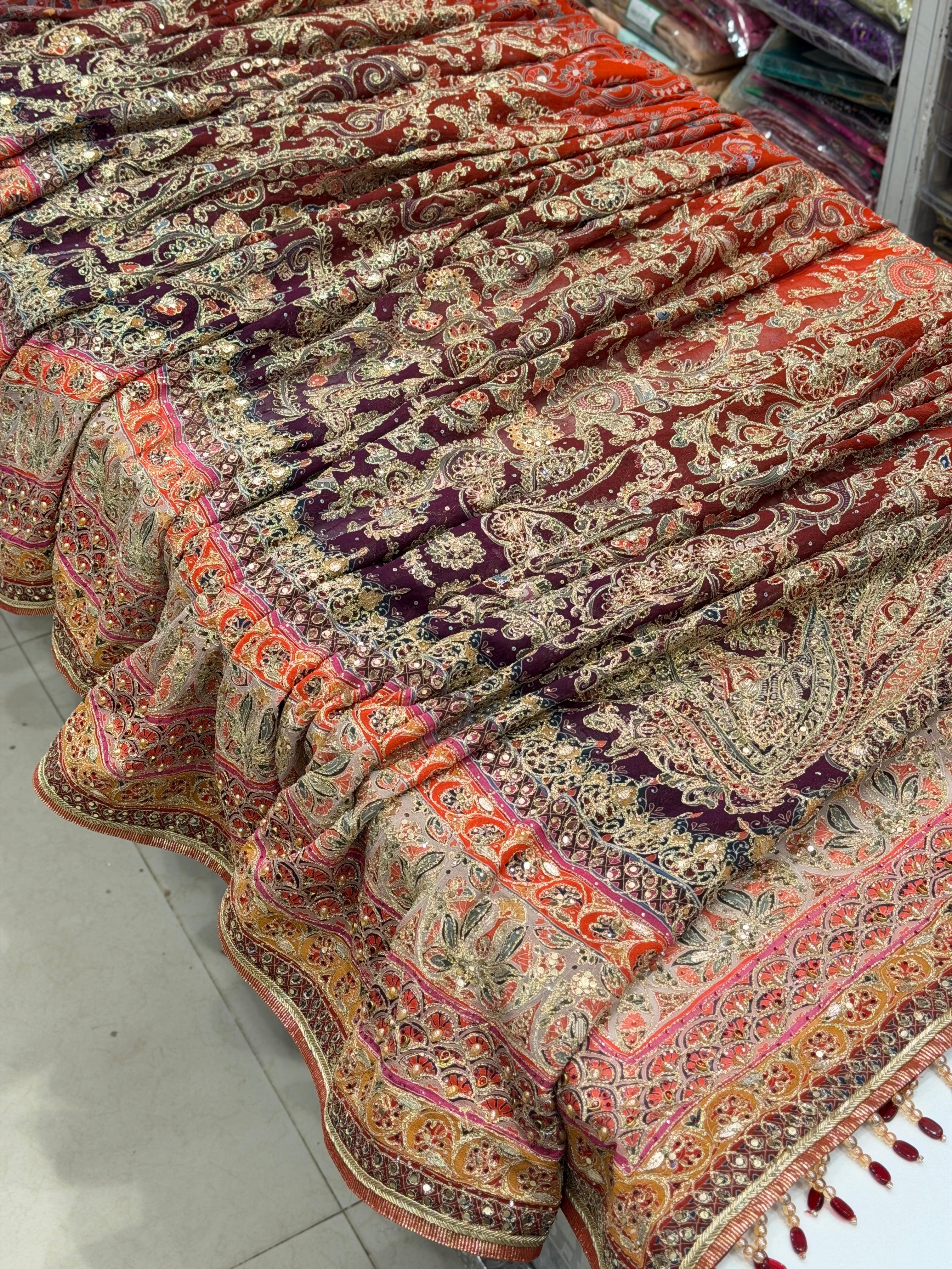 Rust Shaded Kashida Keri TT inspired Banarasi Crepe Hand Embroidery Saree