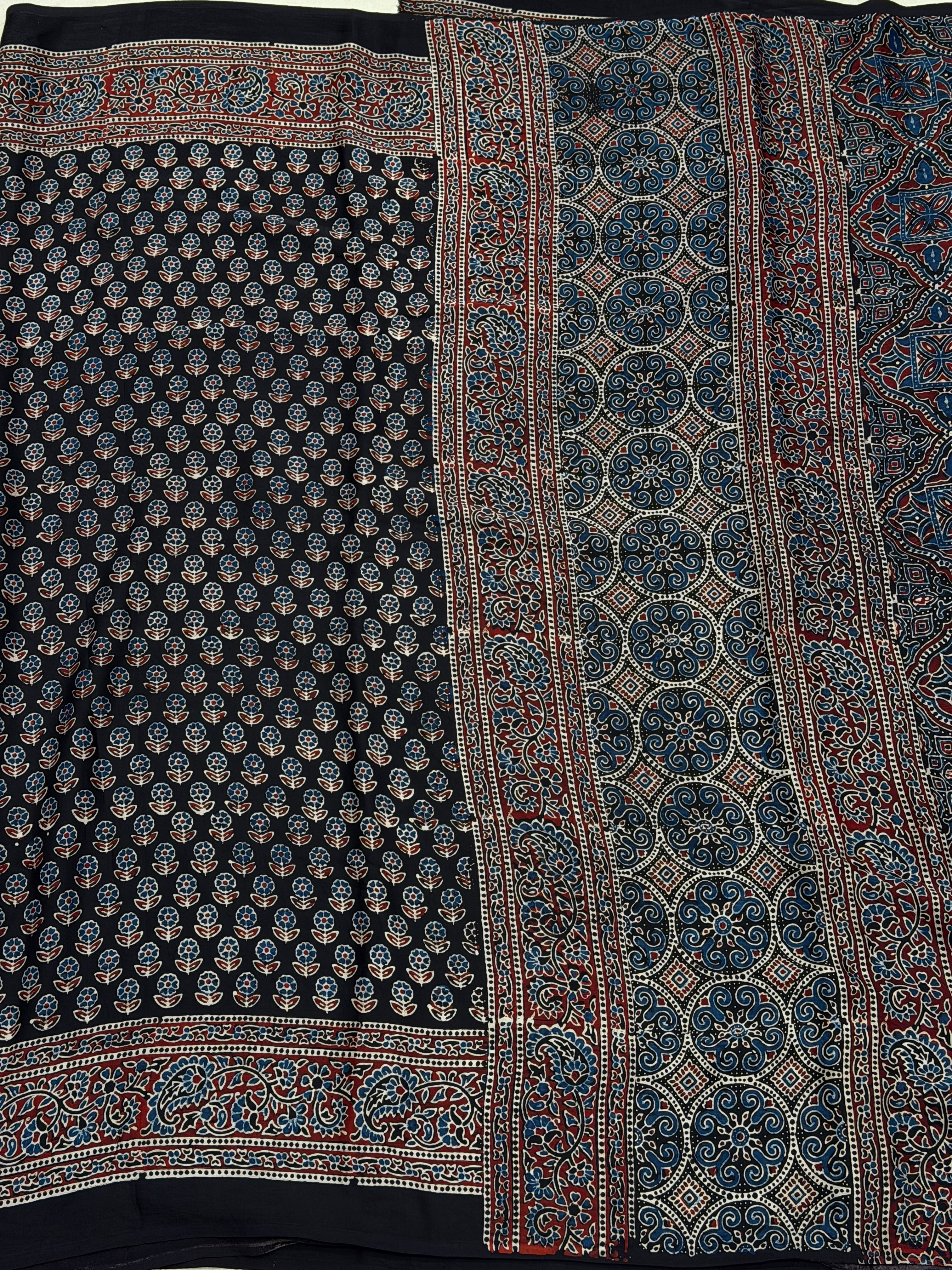 Black Small Flower Buttis Ajrakh Hand Block Print Pure Modal Silk Saree