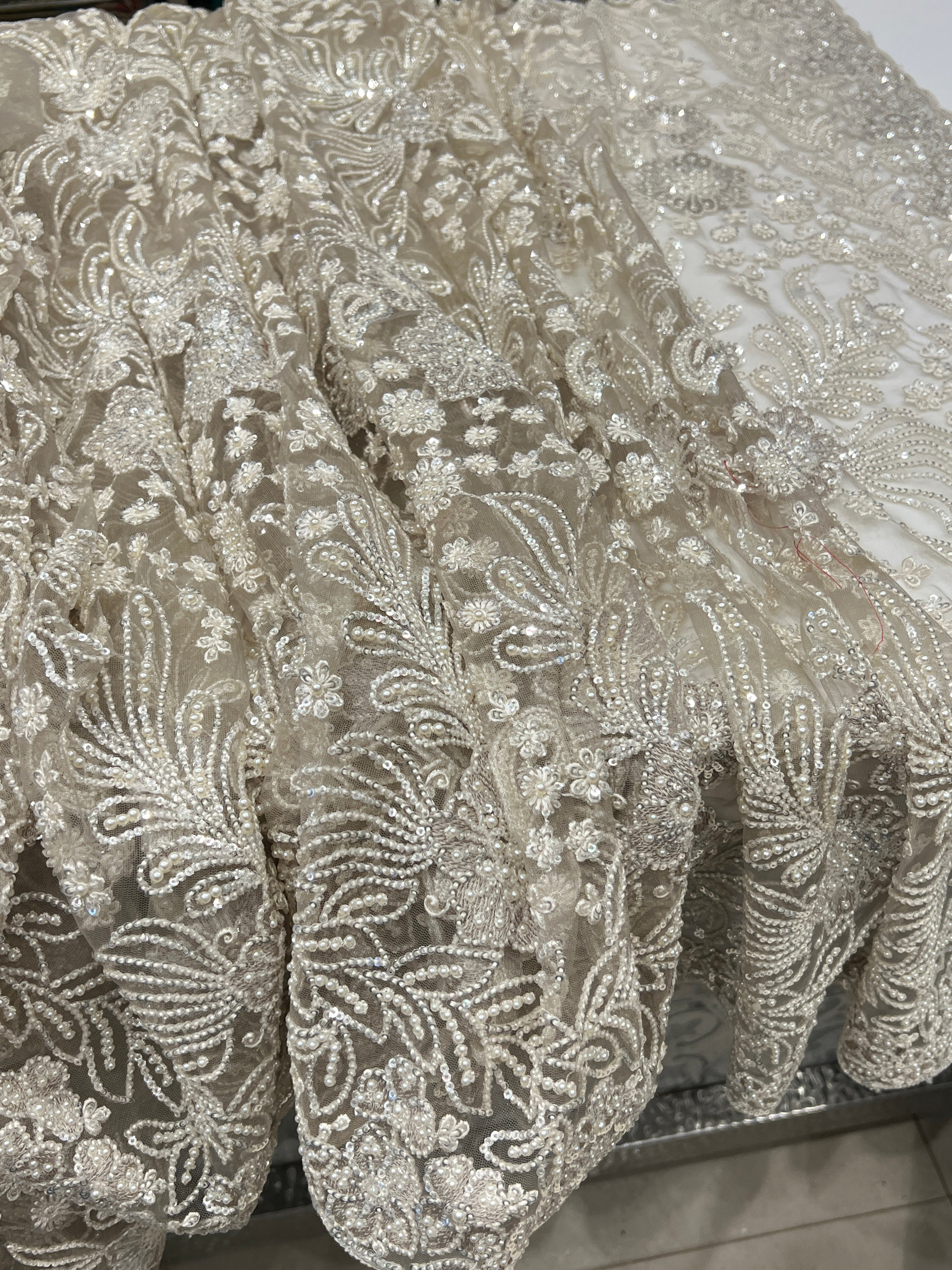 Champagne Resham Moti Jaal Net Embroidery Saree Heavy Blouse