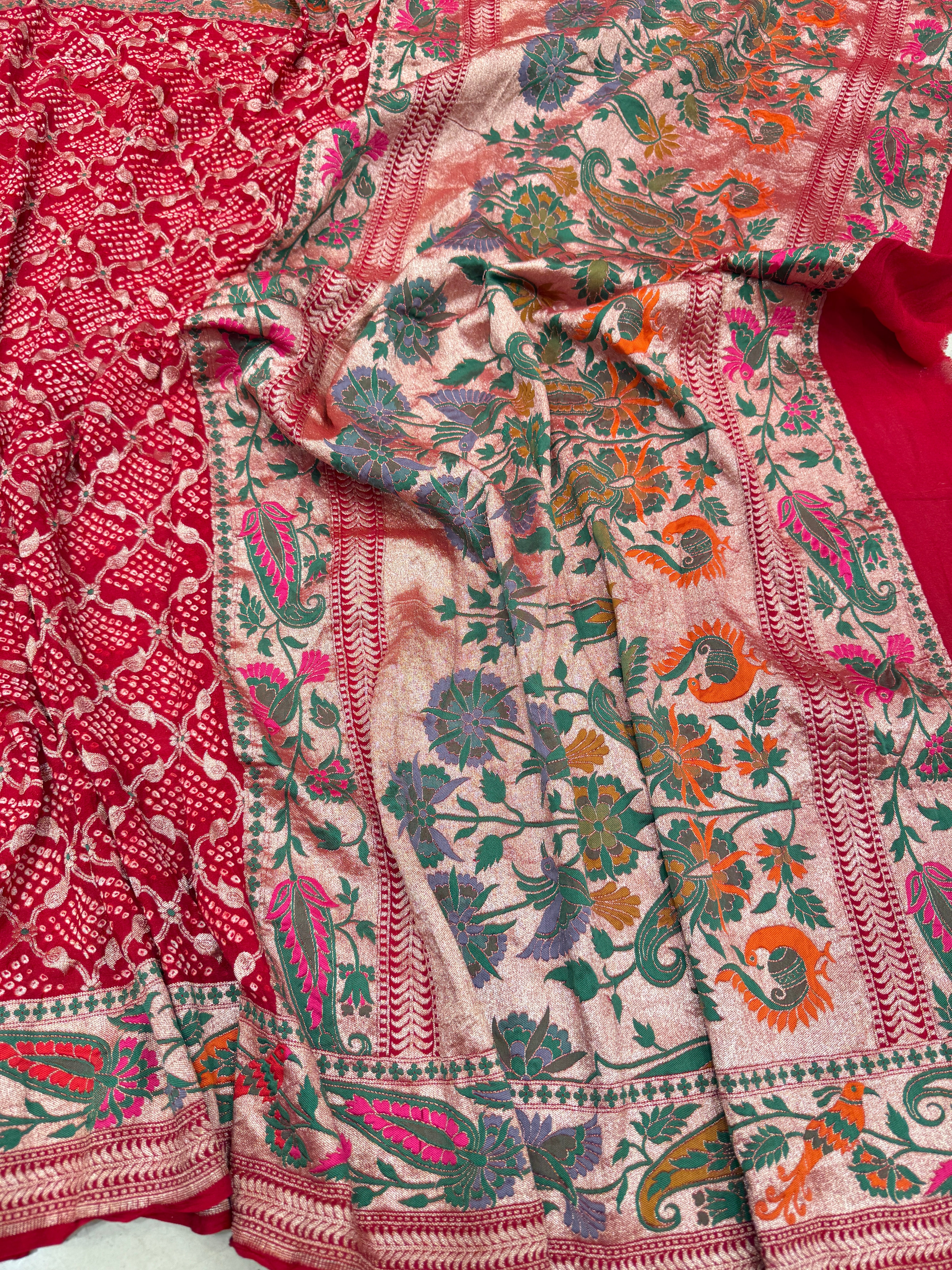Red Handloom Floral Meenakari Rai Bandhej Pure Zari Dupatta
