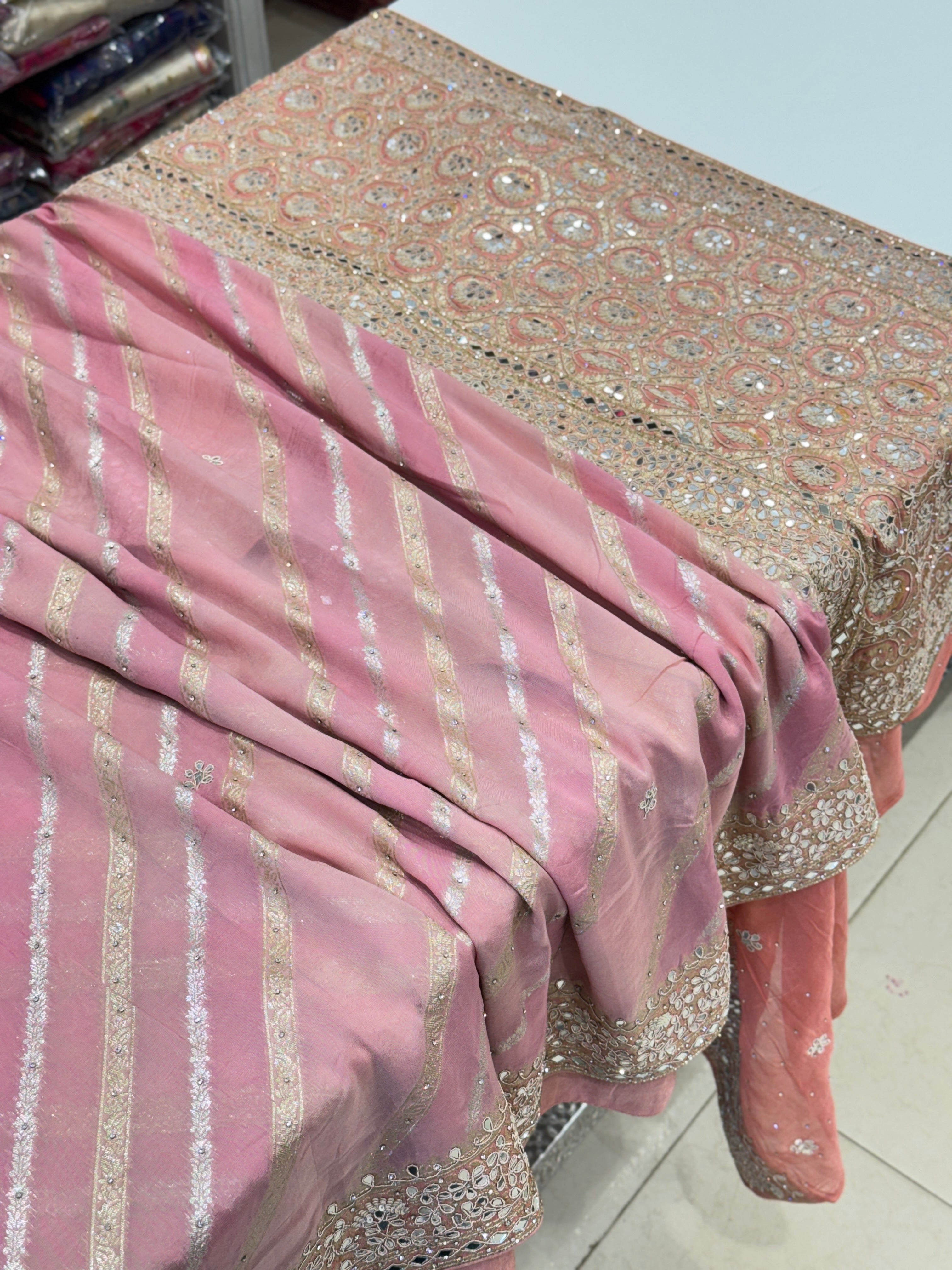 Pink Leheriya Satin Organza Embroidered Saree